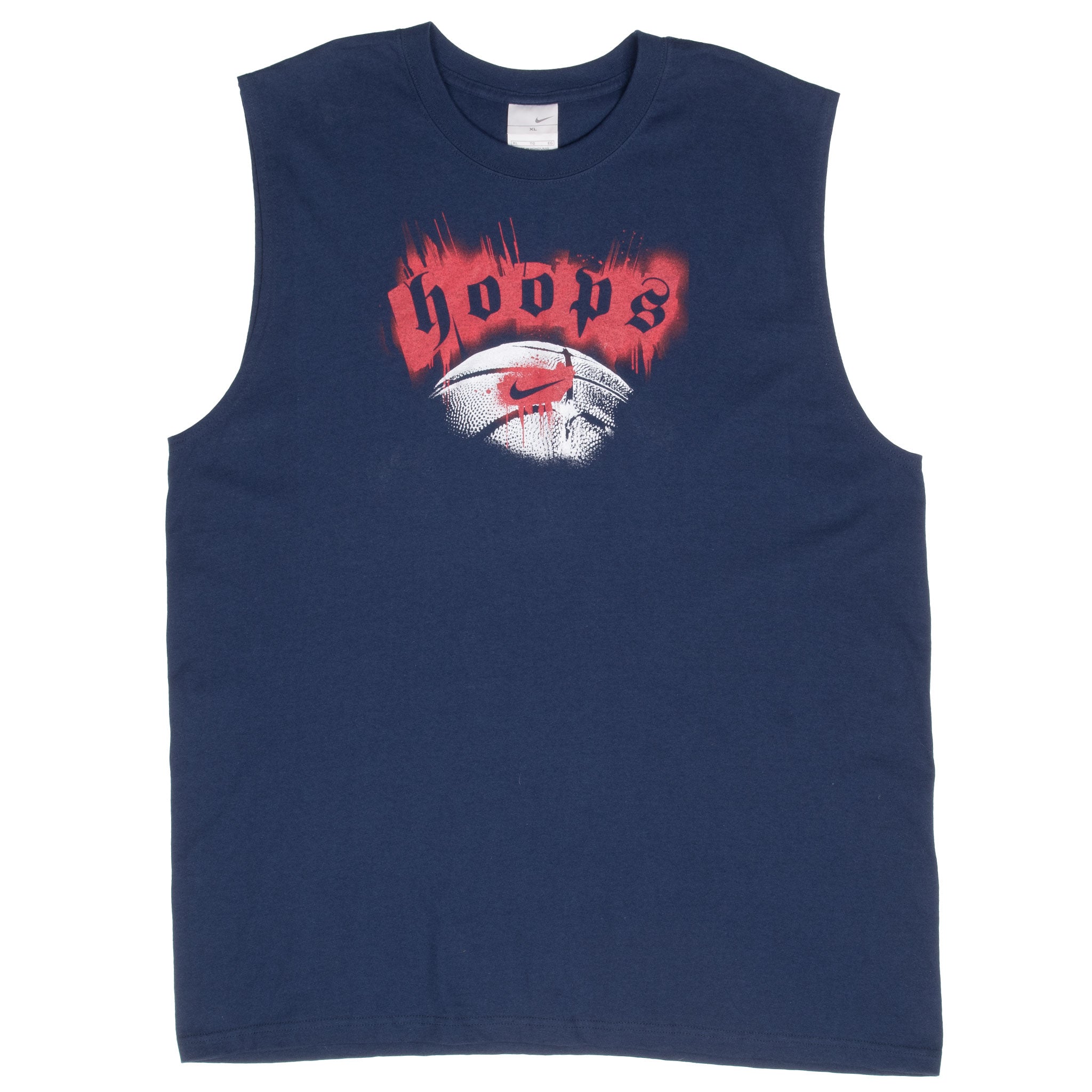 Full front of navy Nike Hoops tank top with red and white basketball graphic