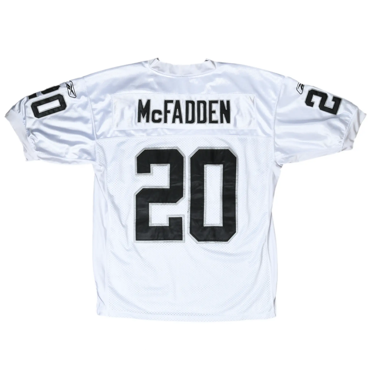 Back of white Oakland Raiders McFadden jersey with black name and number 20
