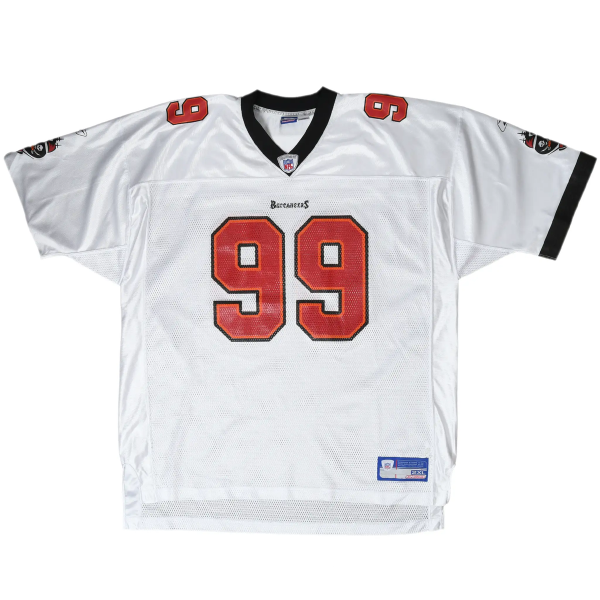 Full front of white Buccaneers football jersey with red 99 and team logos on sleeves
