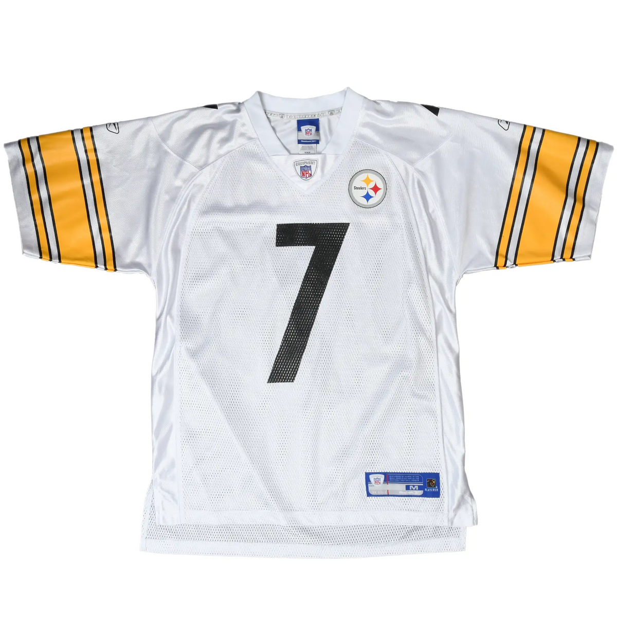 Full front of white Steelers #7 jersey with team chest logo and yellow striped sleeves