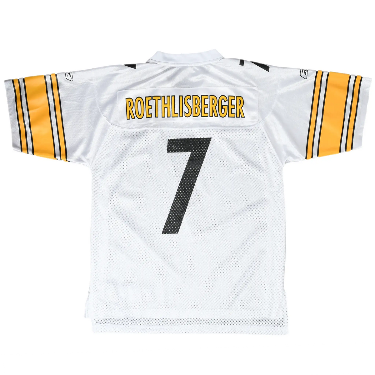 Back of white Pittsburgh Steelers jersey with Roethlisberger name and black number 7