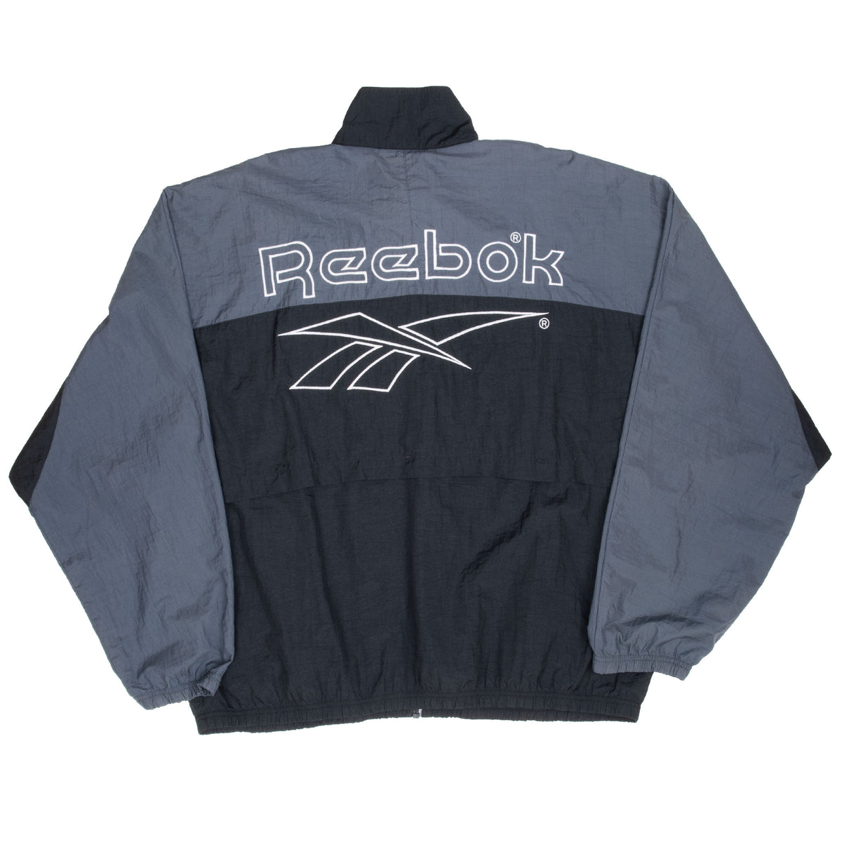Back view of black and gray Reebok windbreaker with large outlined logo graphic