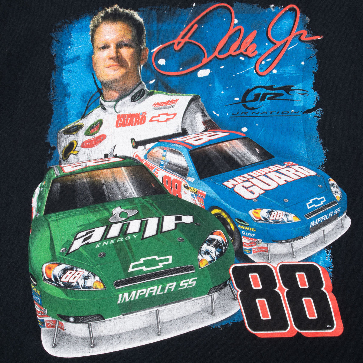 Front print detail with Dale Earnhardt Jr., green AMP and blue National Guard cars, and number 88