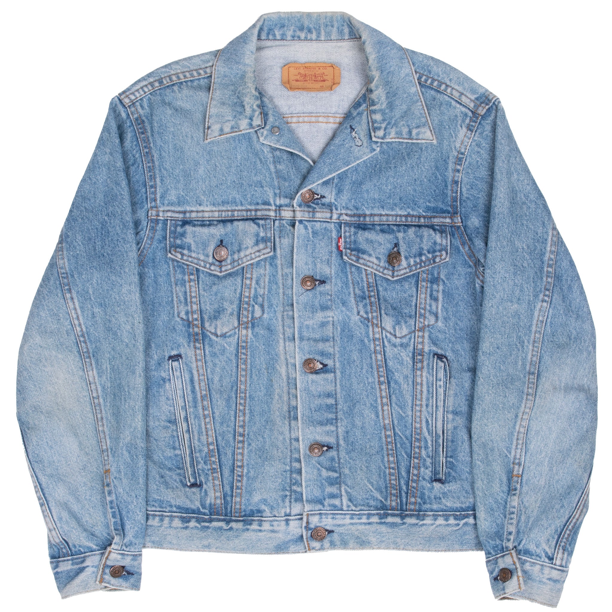 Full front of faded blue Levi's Type III denim jacket with four pockets