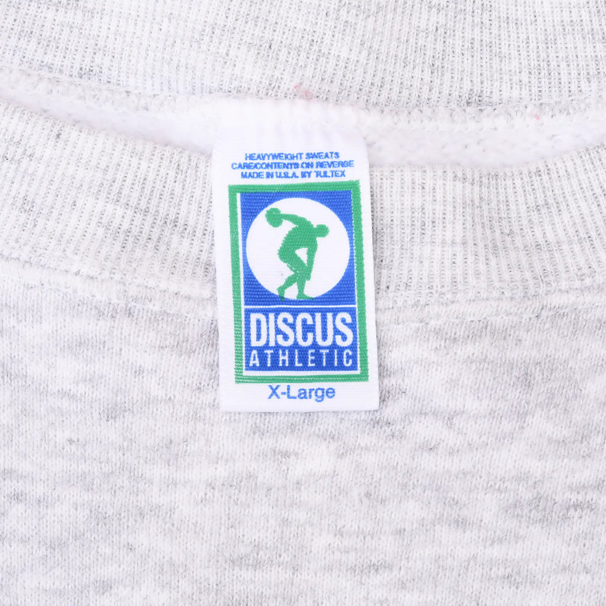 Discus Athletic X-Large neck tag inside grey crewneck sweatshirt