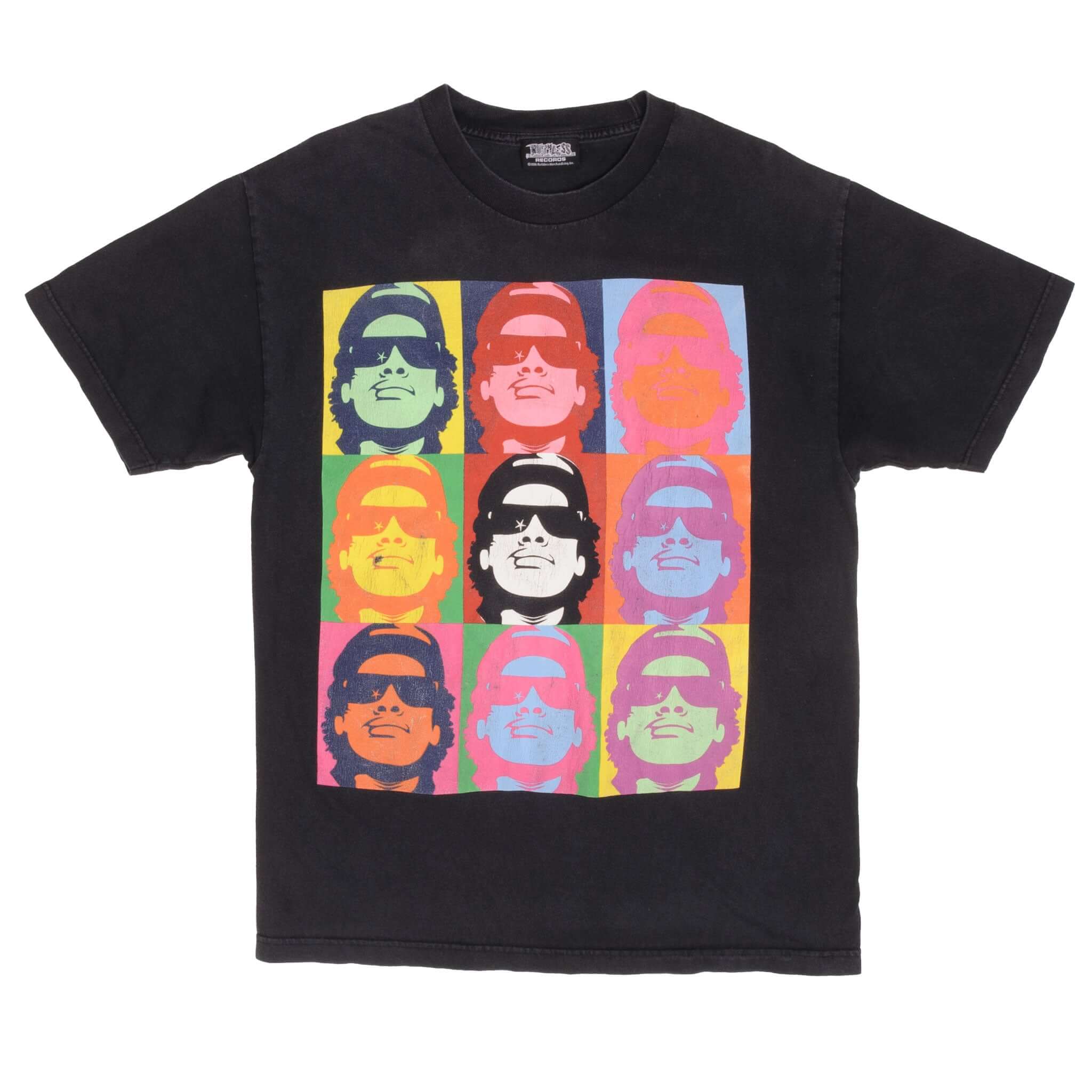 Full front of black Eazy-E T-shirt with colorful nine-panel pop art portrait print