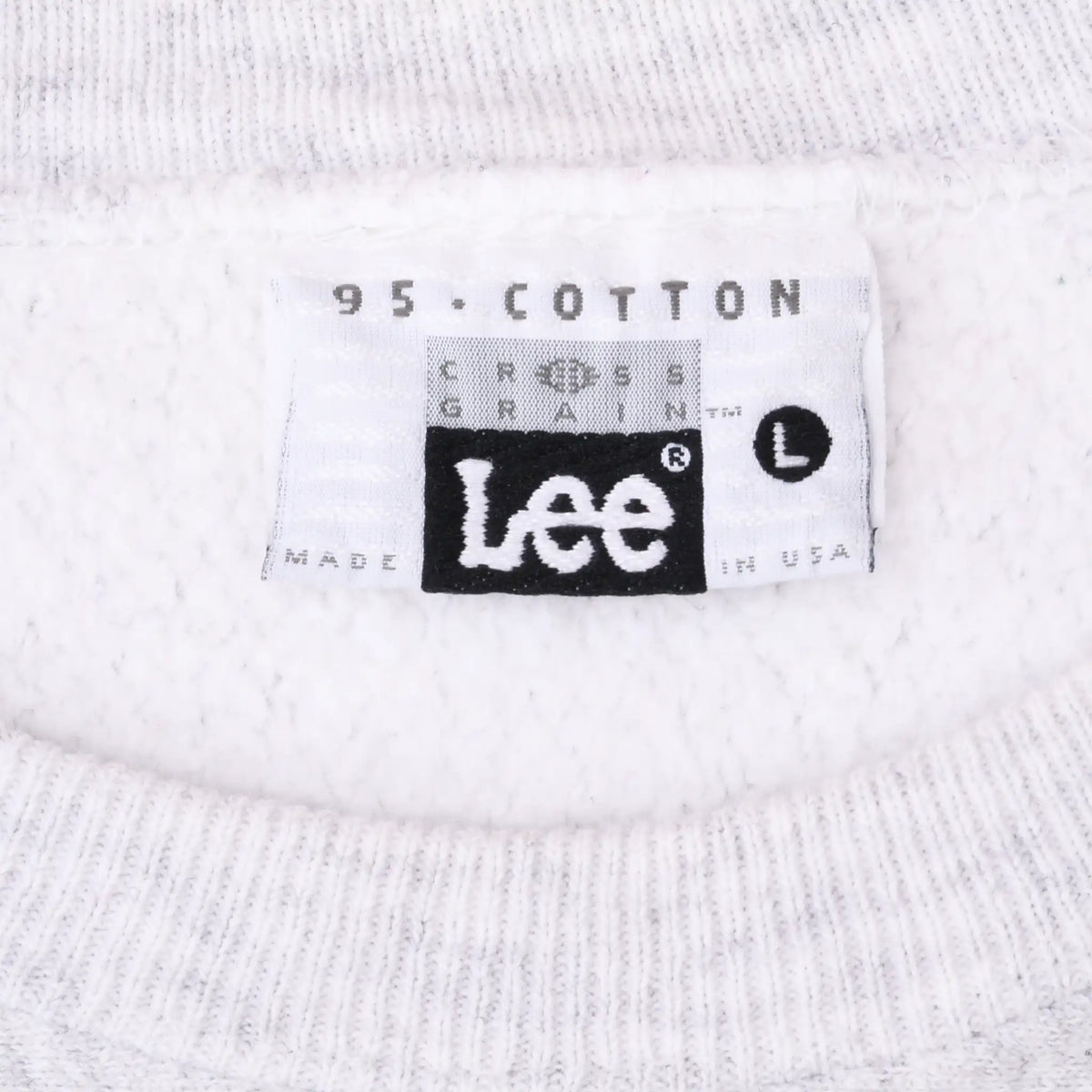 Close-up of Lee Cross Grain large neck label on gray sweatshirt