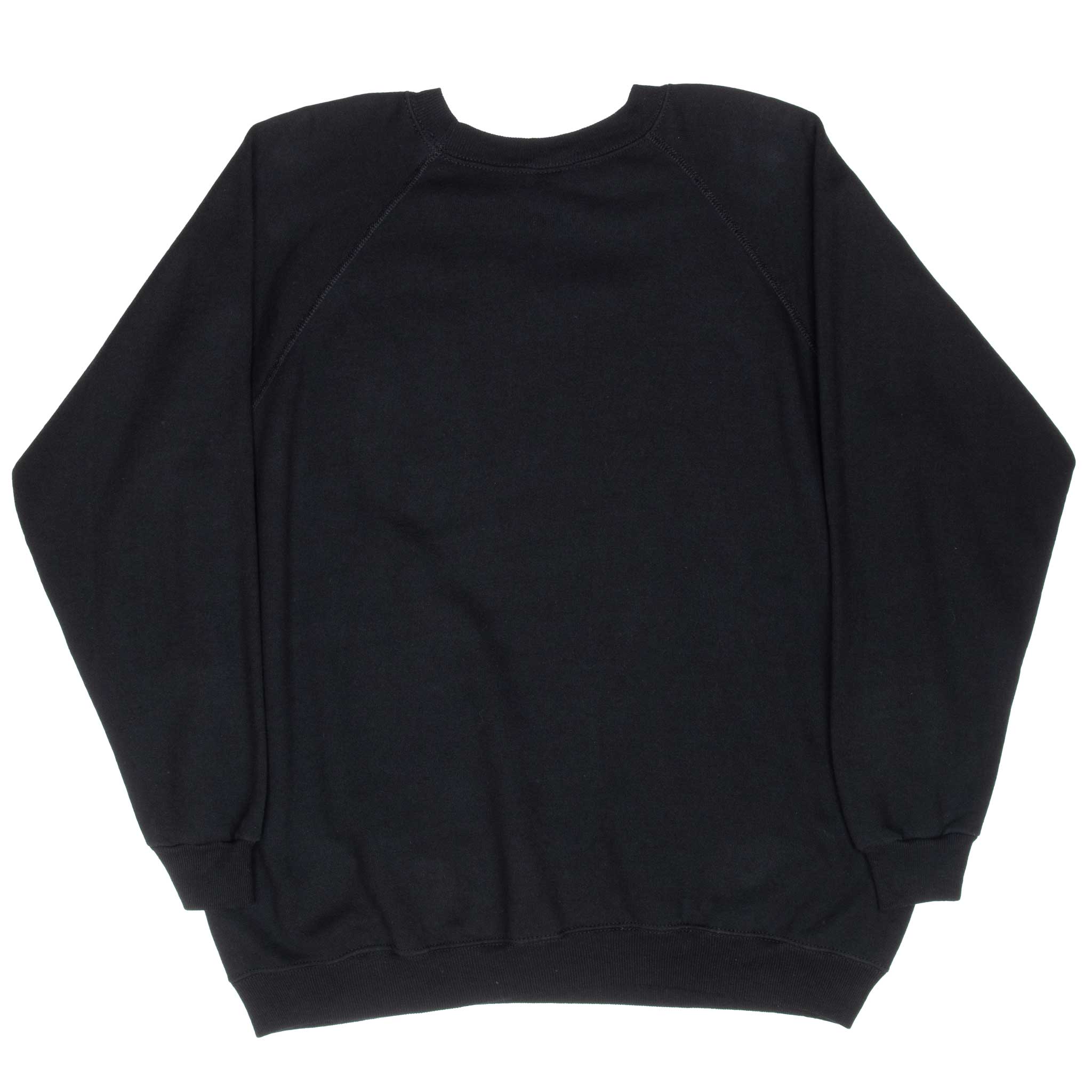 Back of black Hanes blank crewneck sweatshirt with raglan sleeves