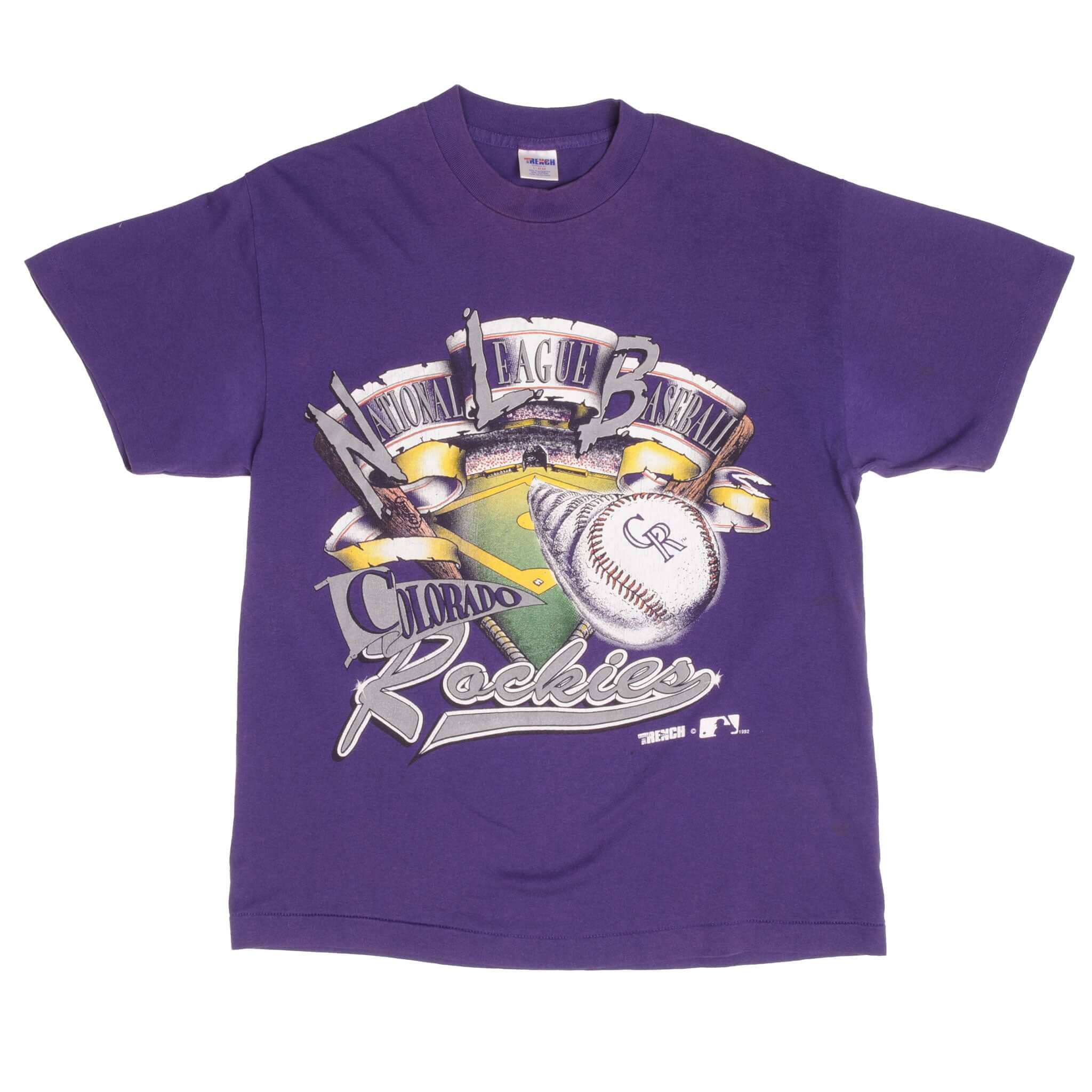 Full front view of purple Colorado Rockies T-shirt with large baseball graphic