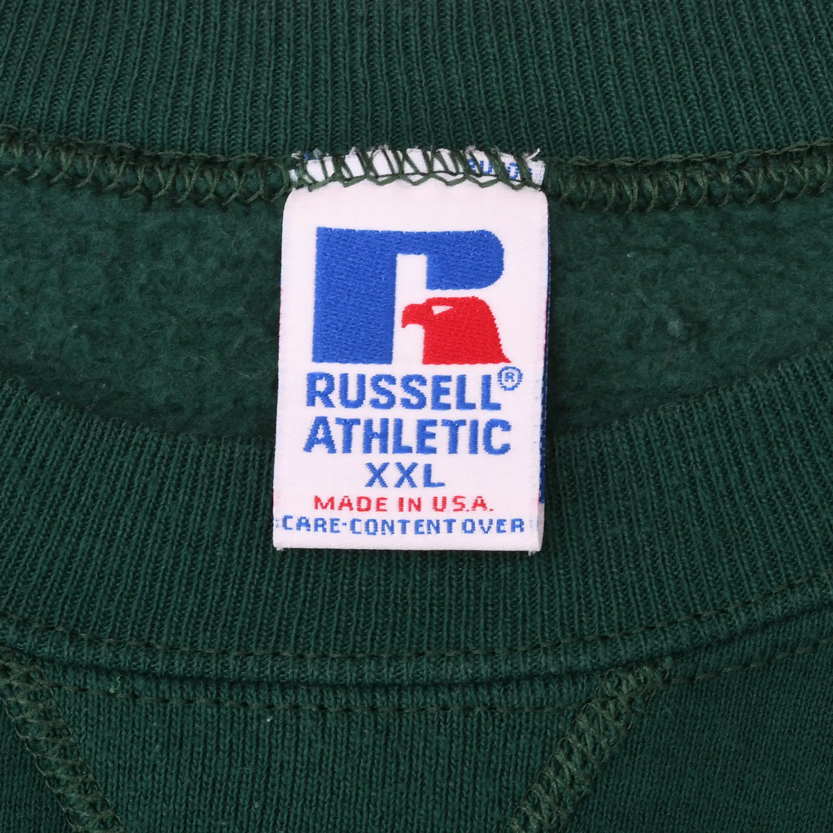 Russell Athletic XXL Made in USA neck label on pine green sweatshirt