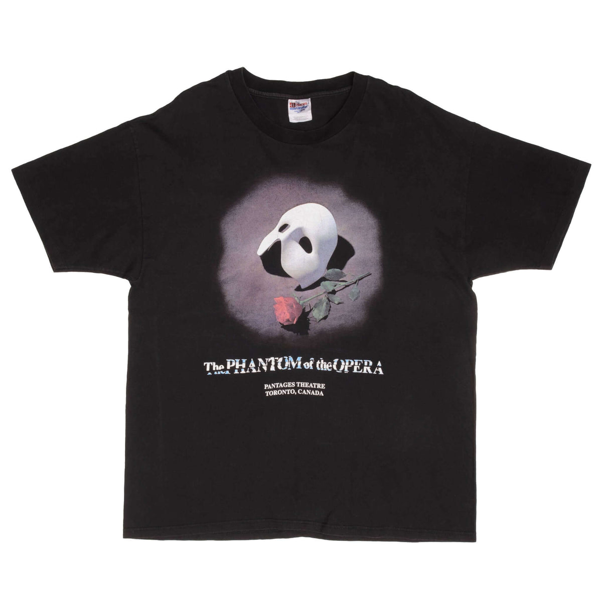 Front of black Phantom of the Opera Toronto T-shirt with mask and red rose graphic