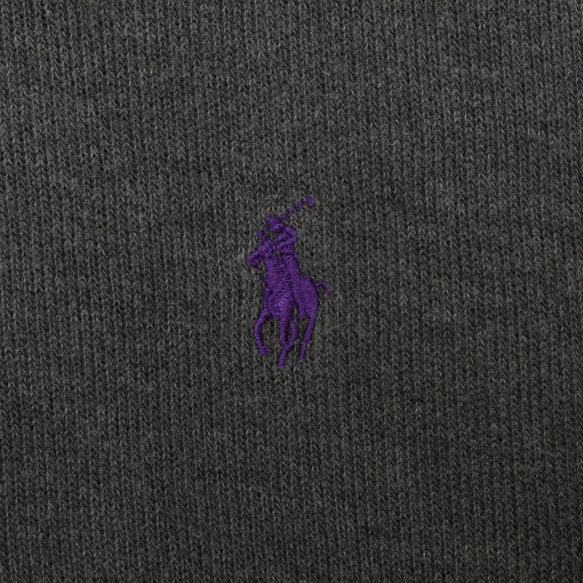 Close-up of purple Polo pony embroidery on olive green knit fabric