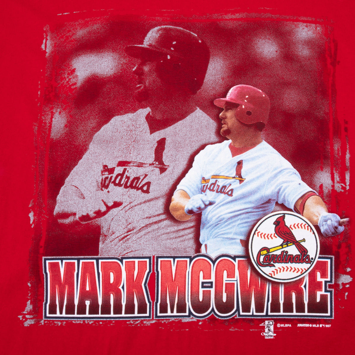 Mark McGwire print with Cardinals logo on red T-shirt
