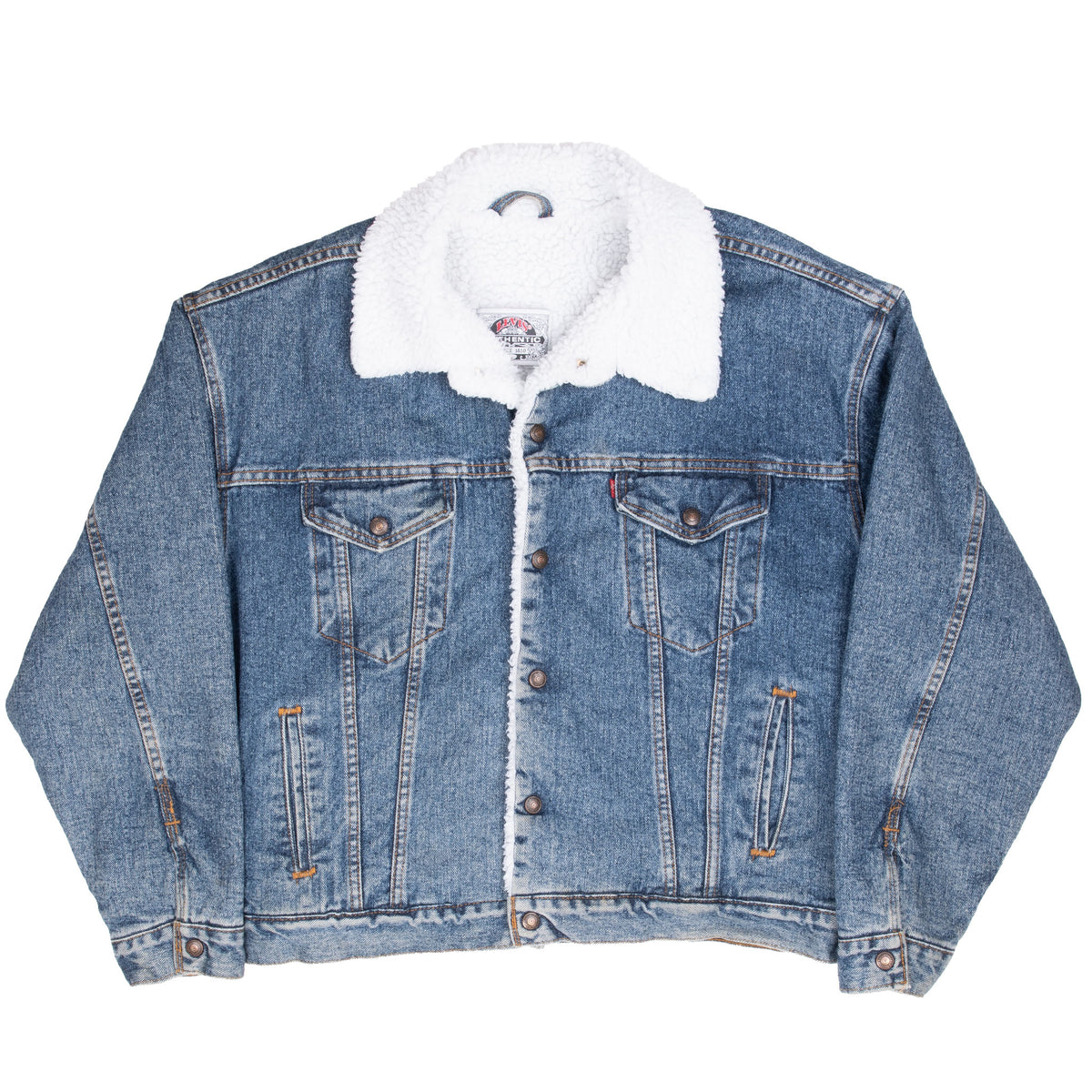 Front view of blue Levi's denim trucker jacket with white sherpa collar and button closure