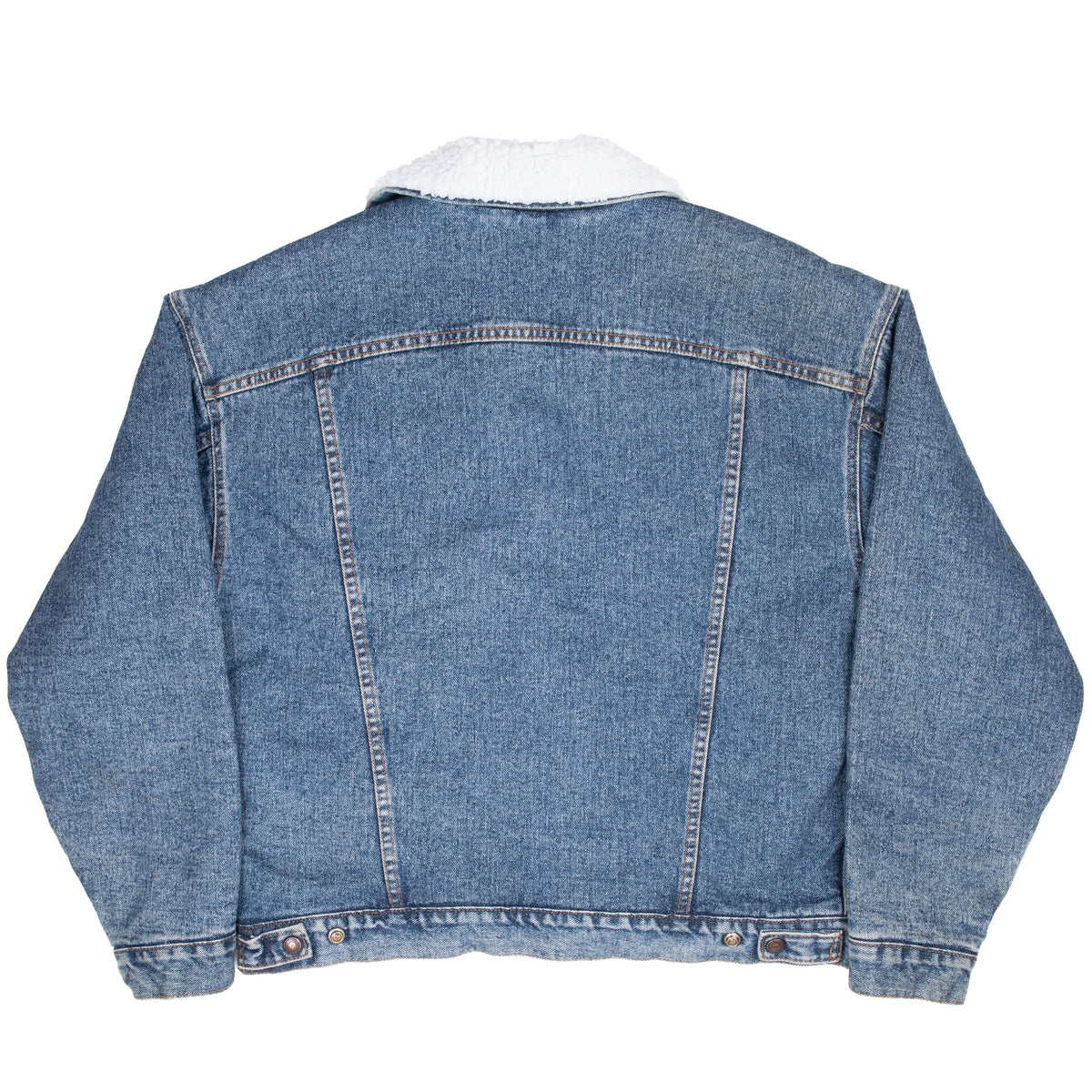 Back view of blue Levi's denim trucker jacket with white sherpa collar