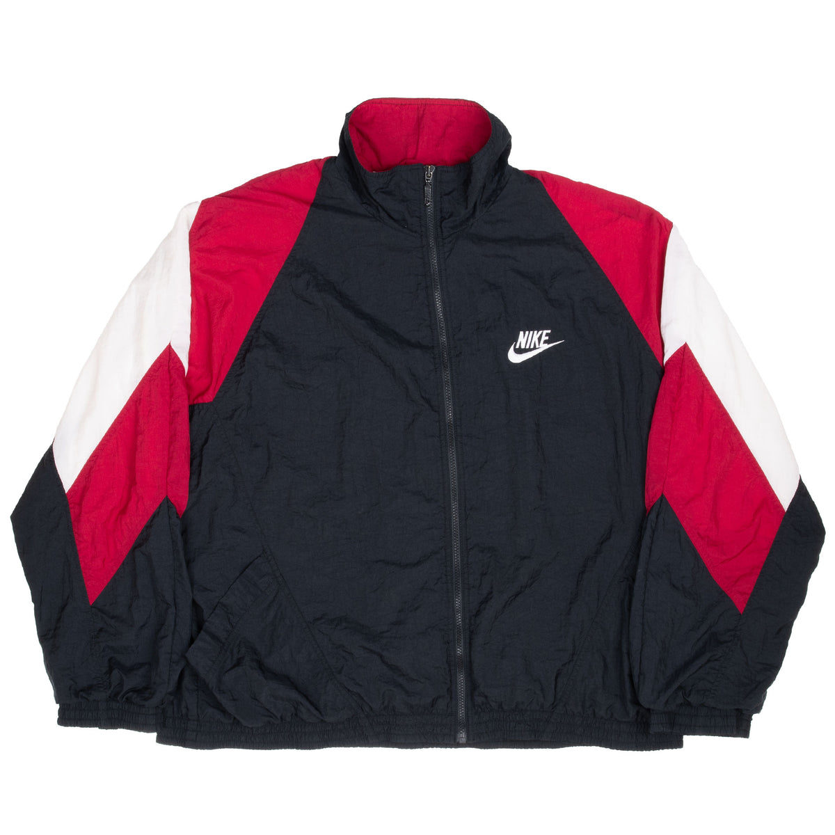 Front of black Nike zip-up windbreaker with red and white color-block sleeves
