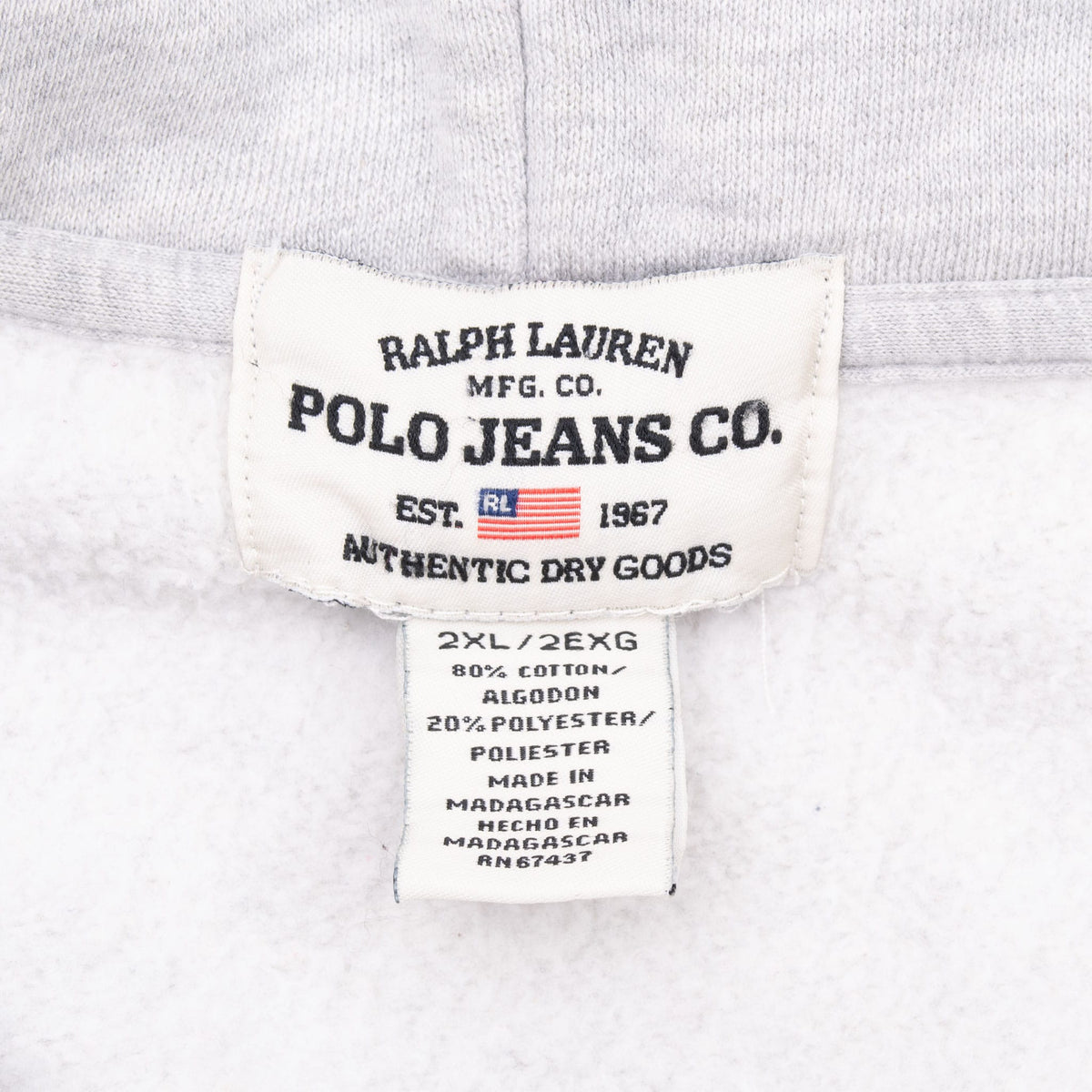 Vintage Ralph Lauren Polo Jeans Grey Full Zip Hoodie Sweatshirt 1990S Size 2XL