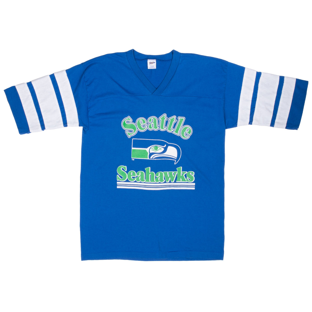 Front of blue Seattle Seahawks V-neck tee with green logo and white striped sleeves