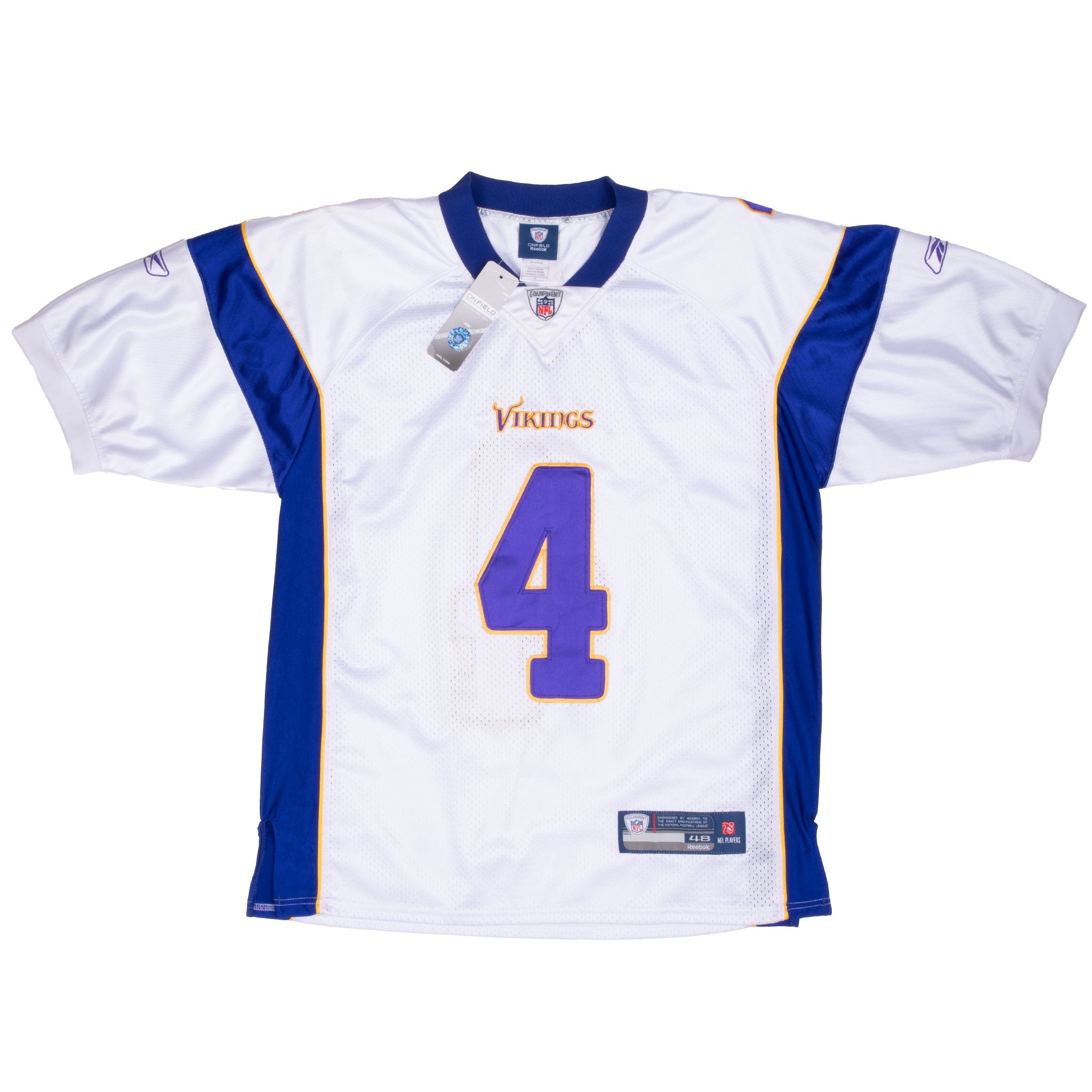 Full front view of white Minnesota Vikings Brett Favre #4 Reebok jersey