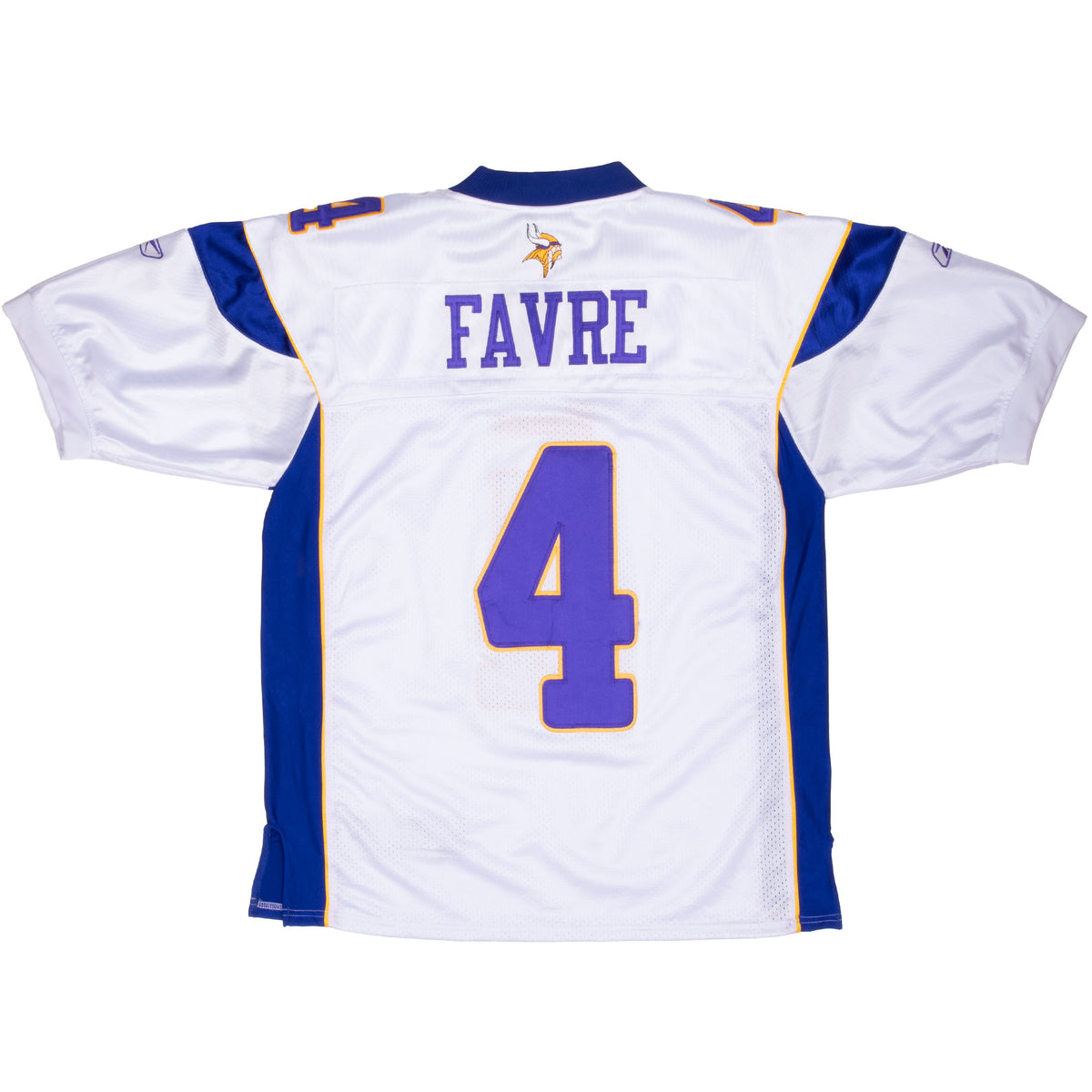 Back of white Minnesota Vikings jersey with Favre name and purple number 4
