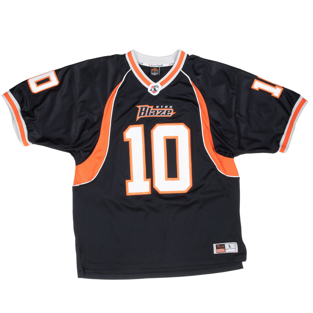 Full front view of black Utah Blaze AFL #10 jersey with orange side panels