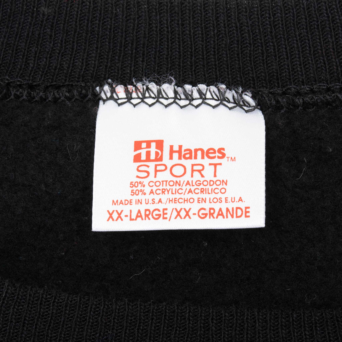 Hanes Sport sweatshirt neck label marked XX-Large and Made in U.S.A.