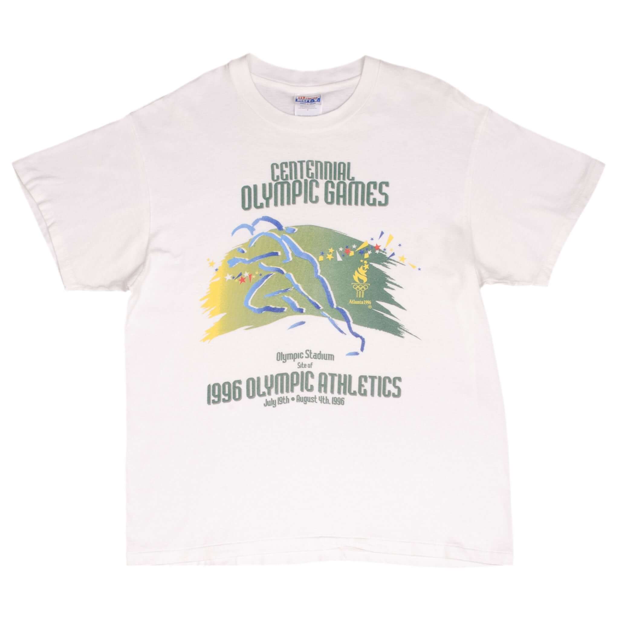 Full front view of white Atlanta 1996 Centennial Olympic Games athletics T-shirt