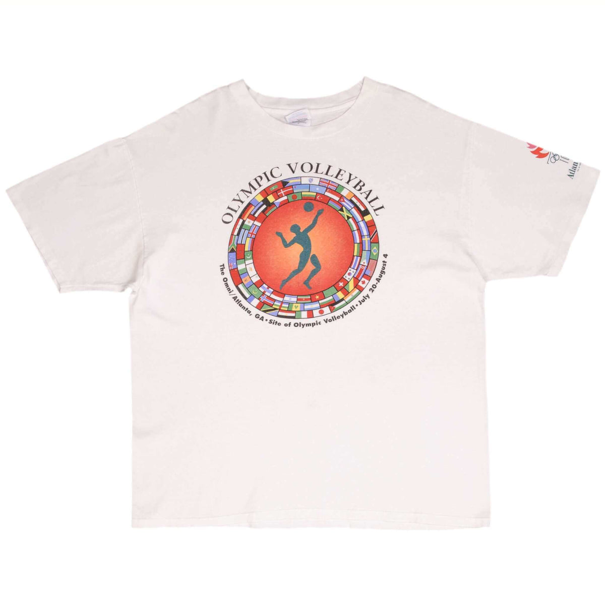 Full front of white Atlanta 1996 Olympic Volleyball T-shirt with chest and sleeve prints