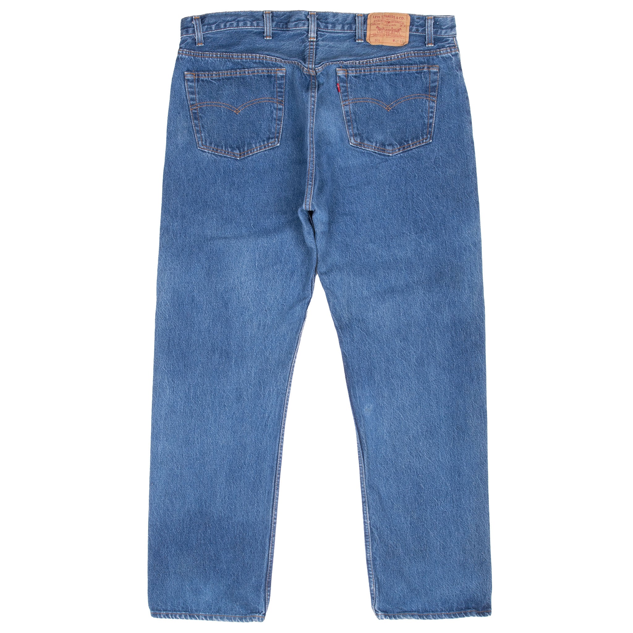 Back of Levi's 501 medium-wash indigo blue jeans with two pockets