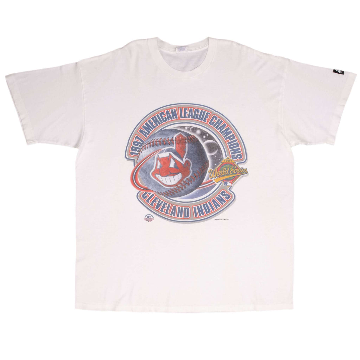 Full front of white Cleveland Indians 1997 American League Champions World Series T-shirt