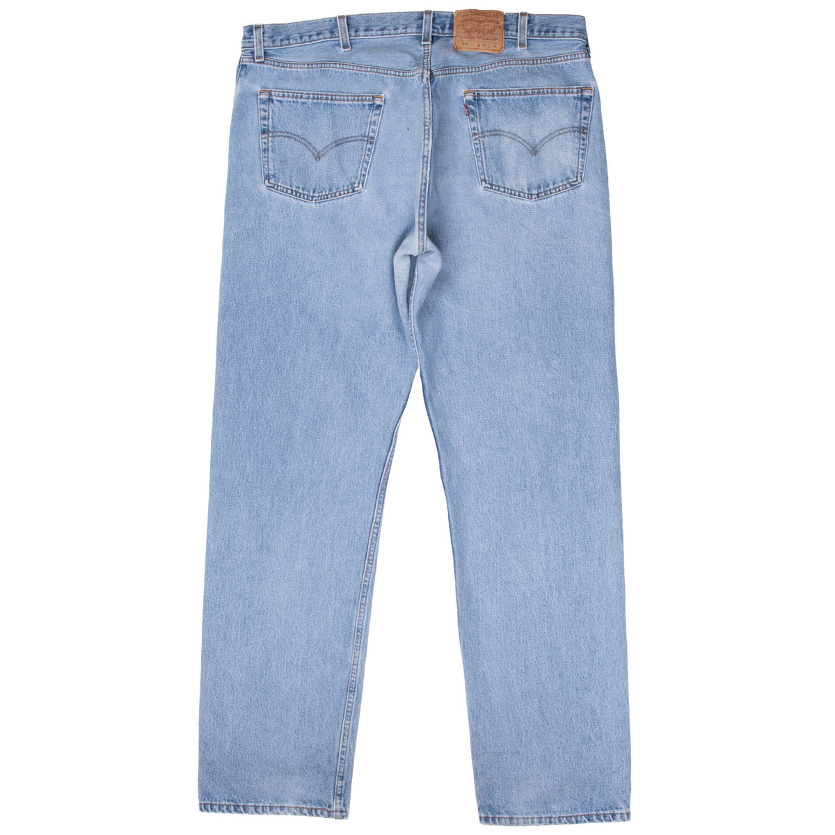 Back view of Levi's 501 light wash blue jeans with two pockets and waistband patch