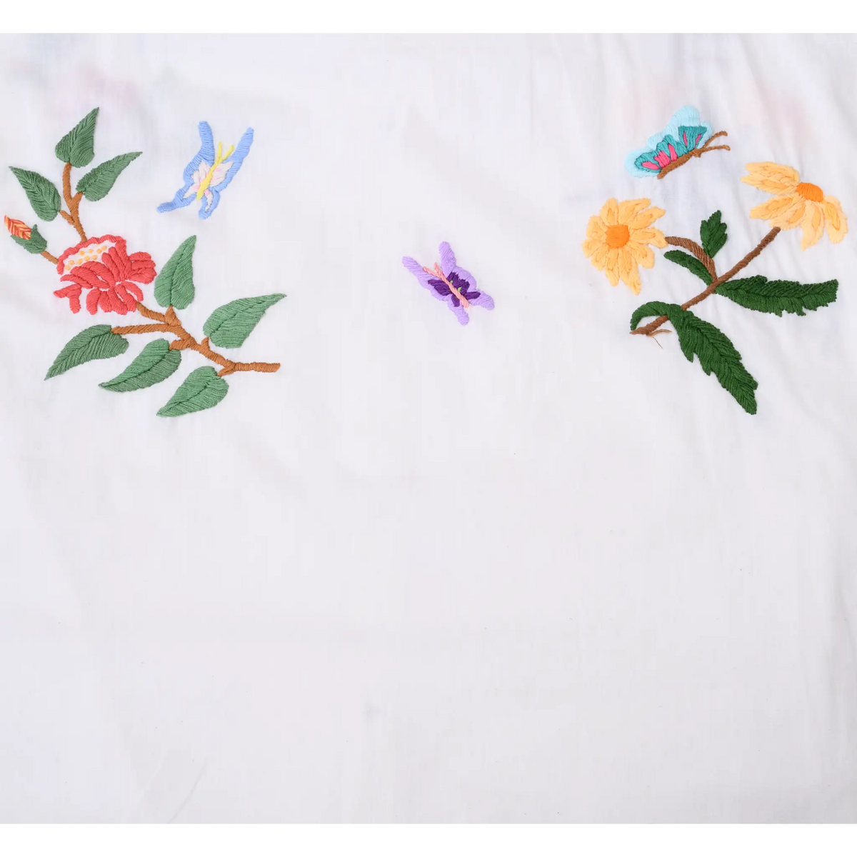 Close-up of embroidered red and orange flowers with blue and purple butterflies on the shirt back