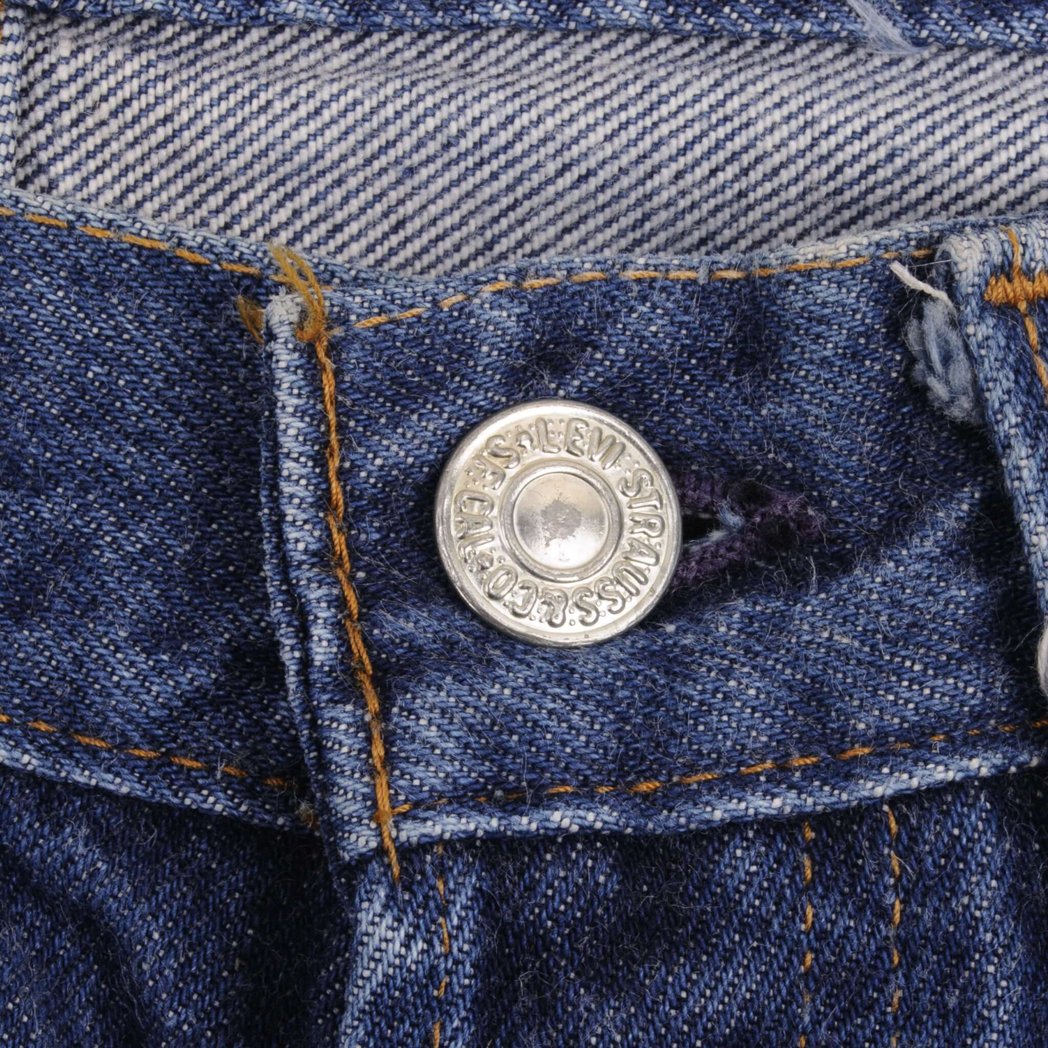 Beautiful Indigo Levis 501 Jeans with Selvedge Redline 1970S Made in USA. Amazing Wash with a dark blue wash. Size On Tag 29X28 Back Button #653