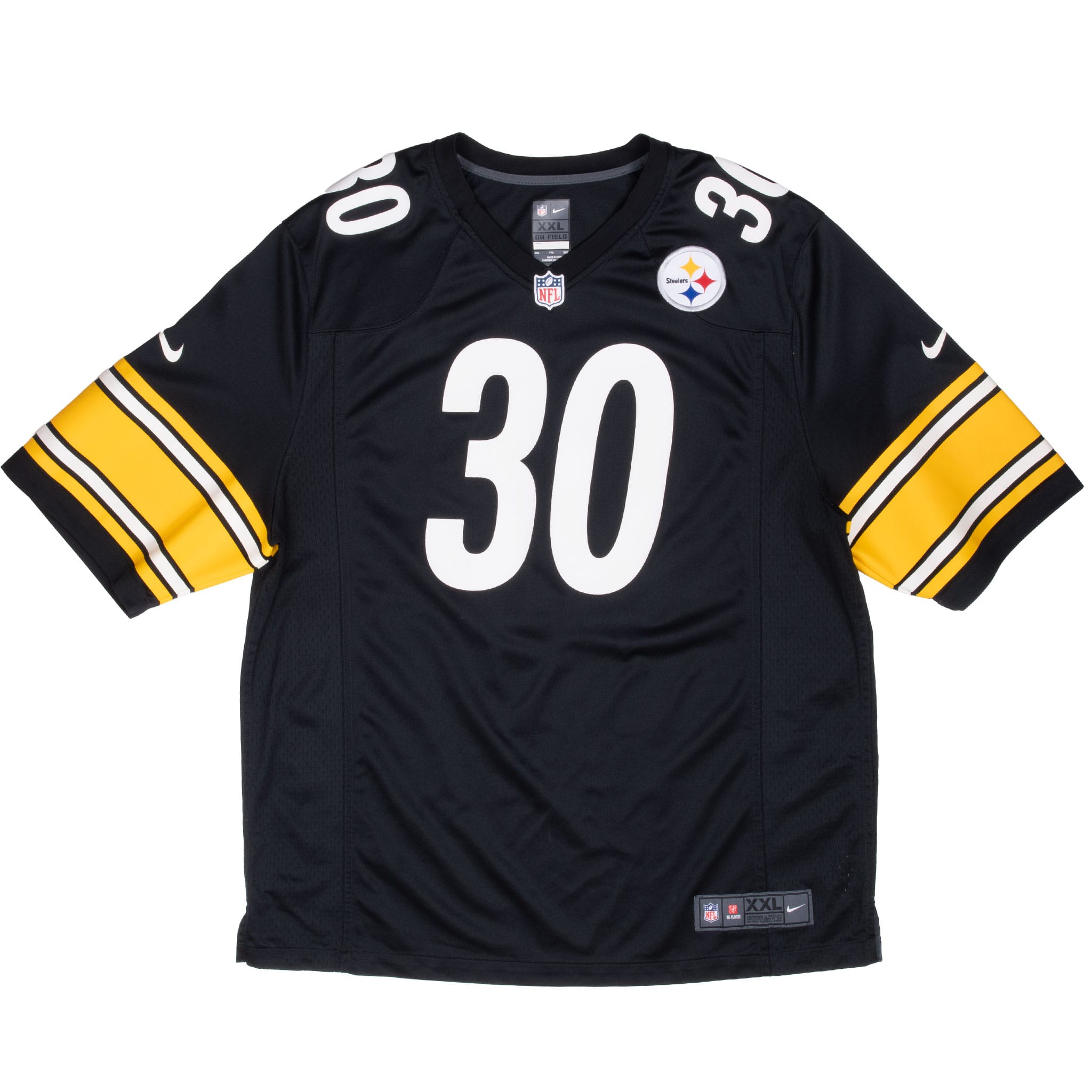 Full front of black Nike Pittsburgh Steelers Conner #30 jersey with gold-and-white striped sleeves