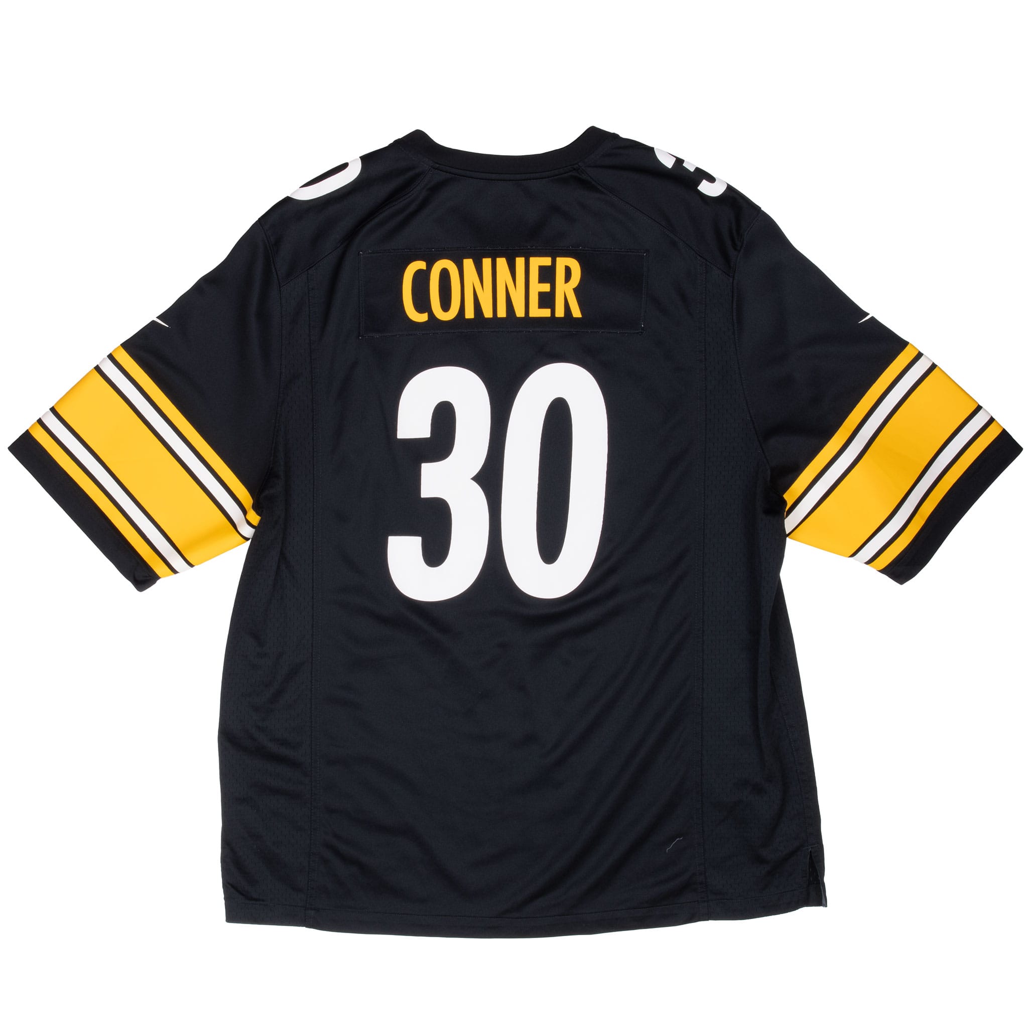 Back of black Pittsburgh Steelers jersey with gold Conner nameplate and white number 30