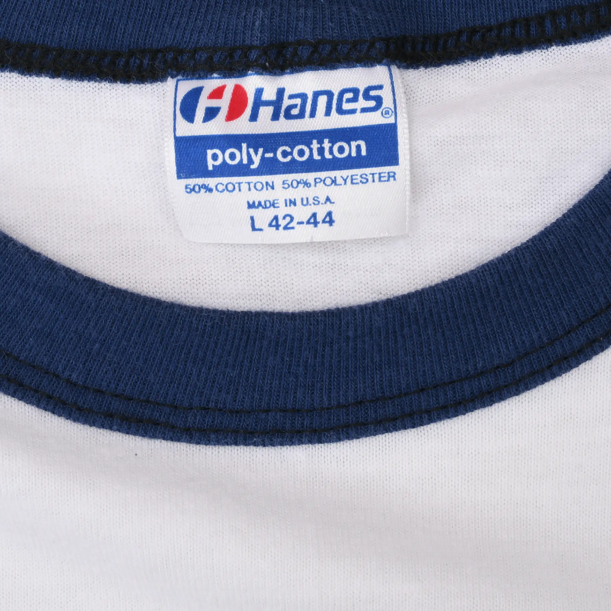 Hanes poly-cotton neck tag marked Made in U.S.A. and L 42-44 above navy collar