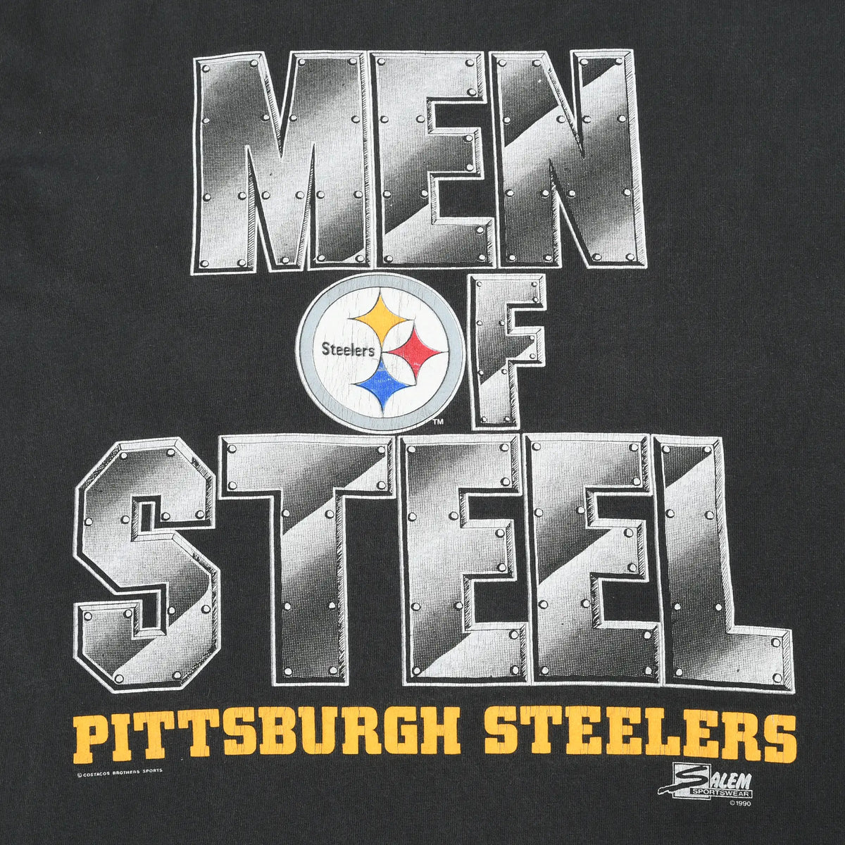 Close-up of metallic Men of Steel print with Pittsburgh Steelers logo