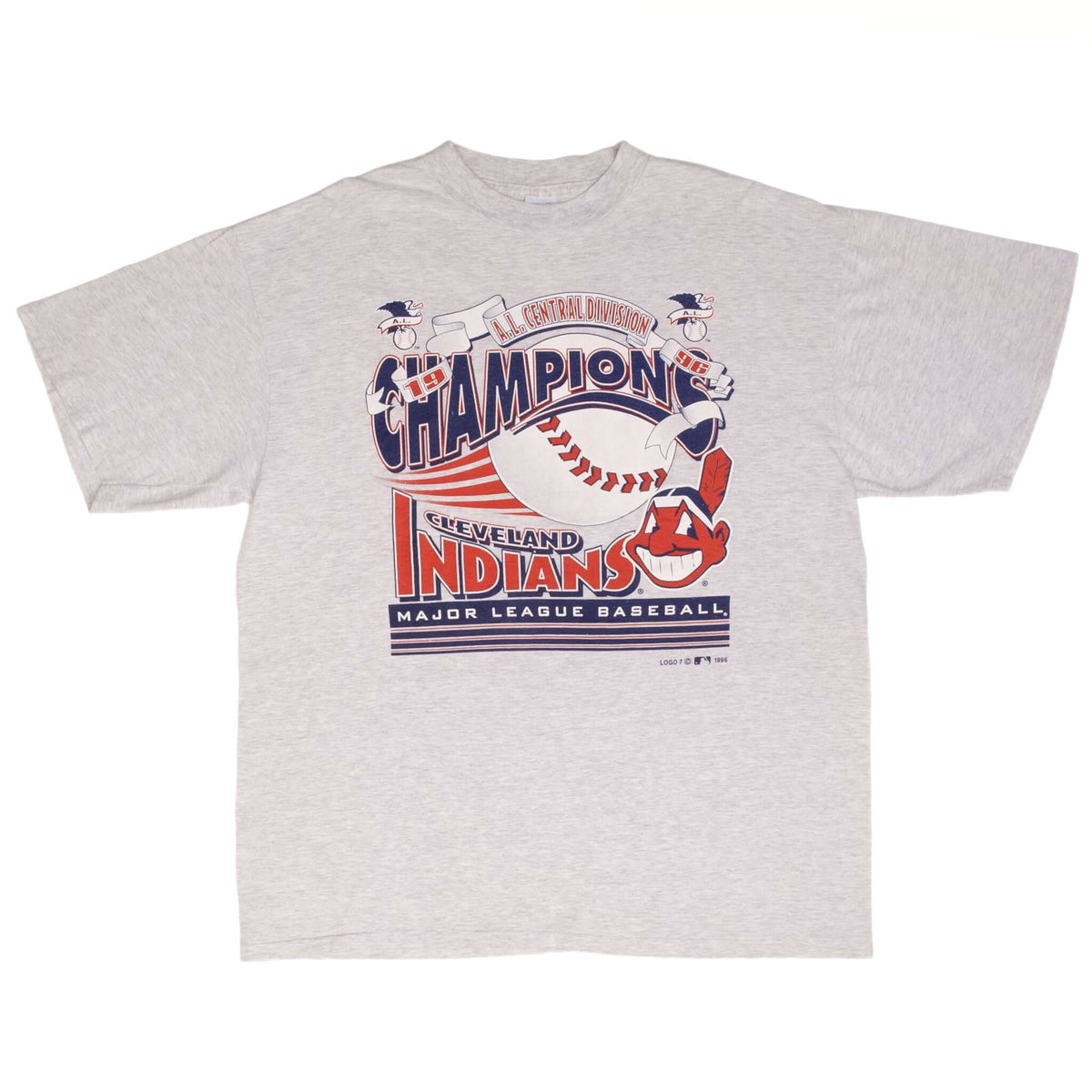 Full front view of gray Cleveland Indians 1996 AL Central Division Champions T-shirt
