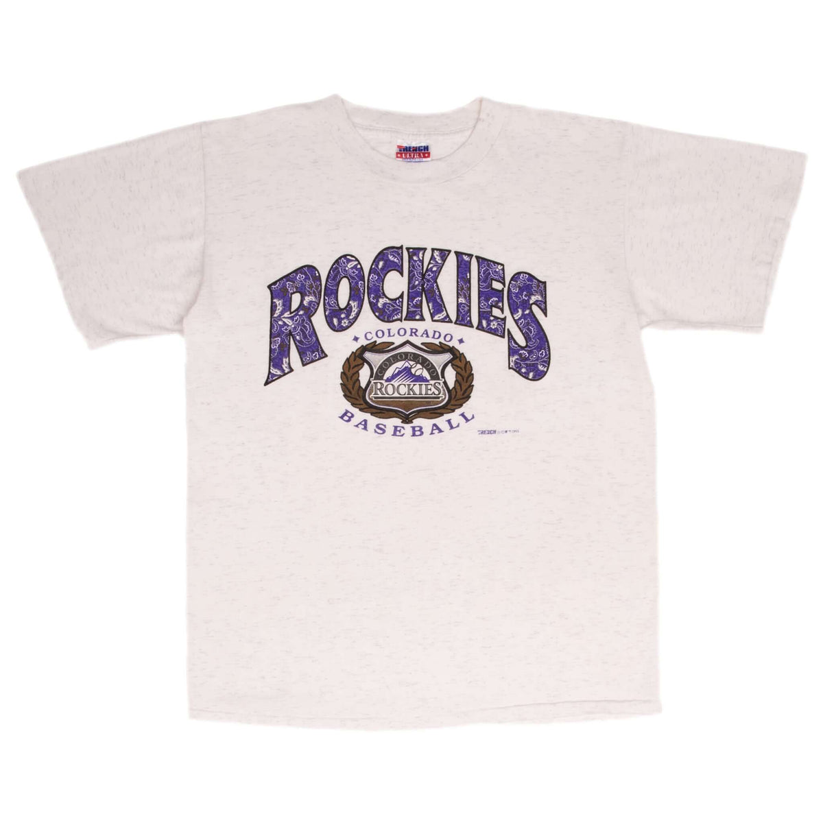 Full front of gray Colorado Rockies T-shirt with purple Rockies Baseball graphic