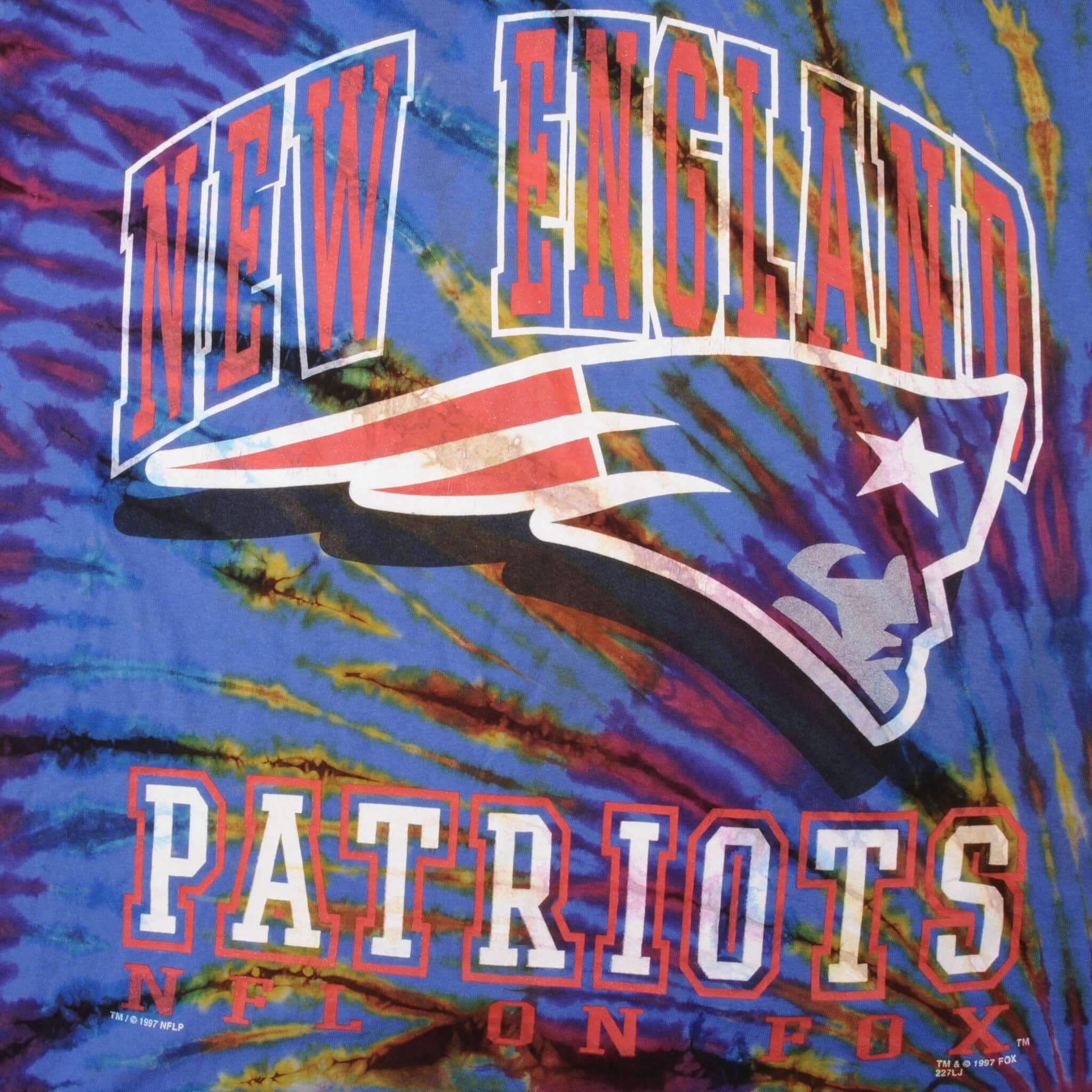 Vintage Tie Dye NFL New England Patriots NFL On Fox Tee Shirt 1997 Size Large Made In USA With Single Stitch Sleeves.