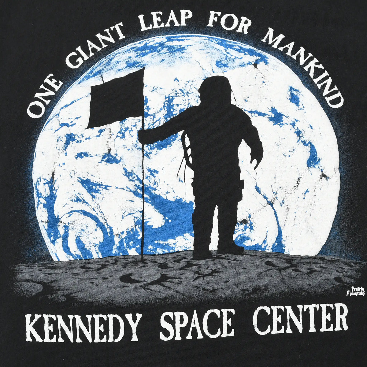 Close-up of One Giant Leap for Mankind astronaut and Earth print on black T-shirt