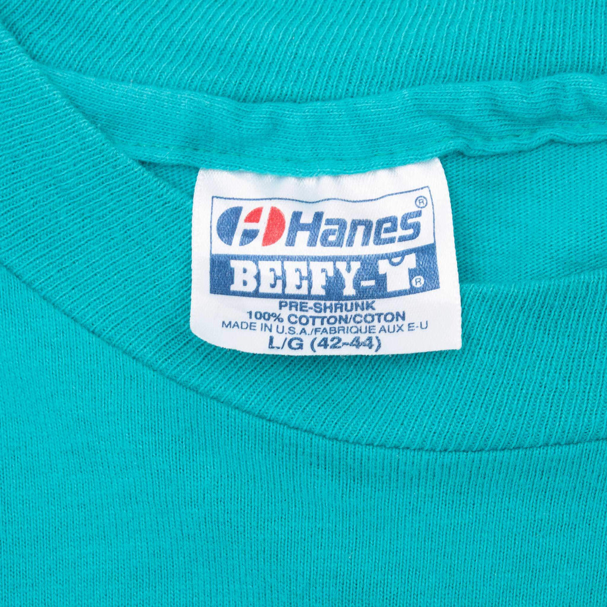 Hanes Beefy-T neck tag marked size L, 100% cotton and made in USA