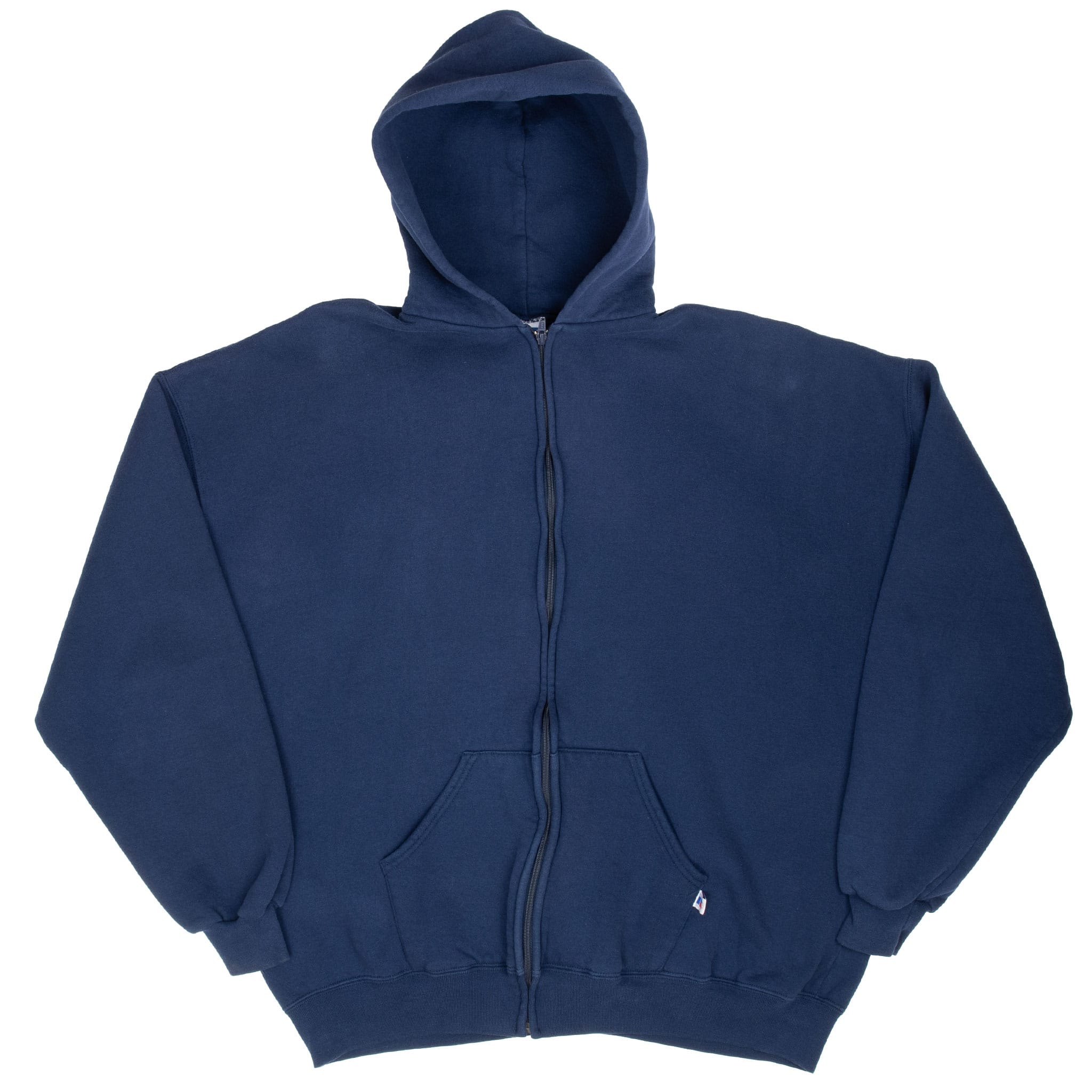 Full front view of navy Russell Athletic zip hoodie with ribbed cuffs and hem