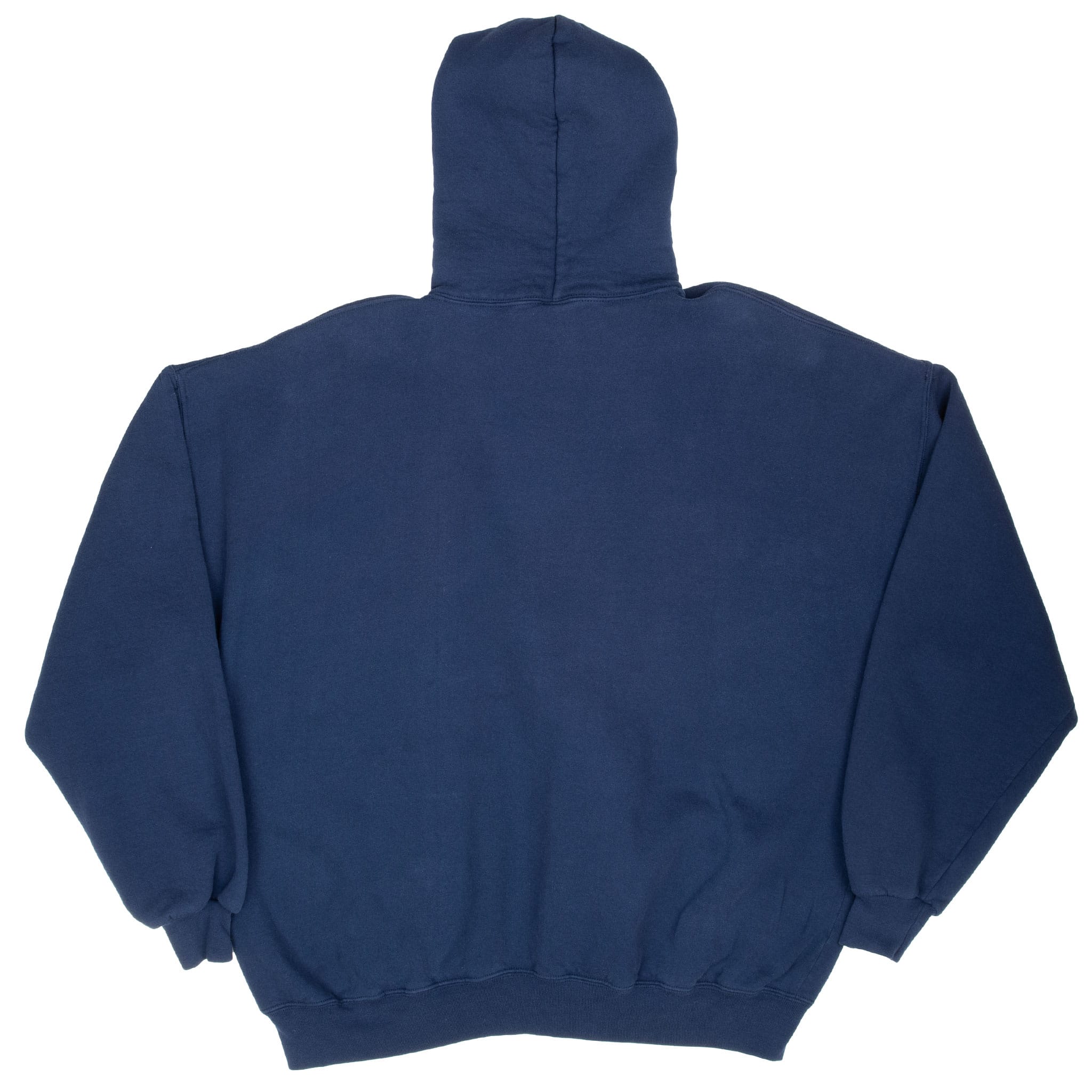 Back view of solid navy Russell Athletic hooded sweatshirt