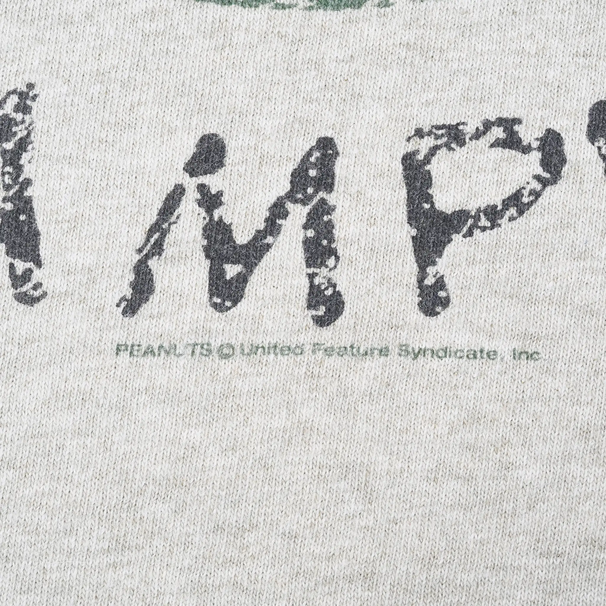 Close-up of Peanuts copyright text beneath the distressed front print