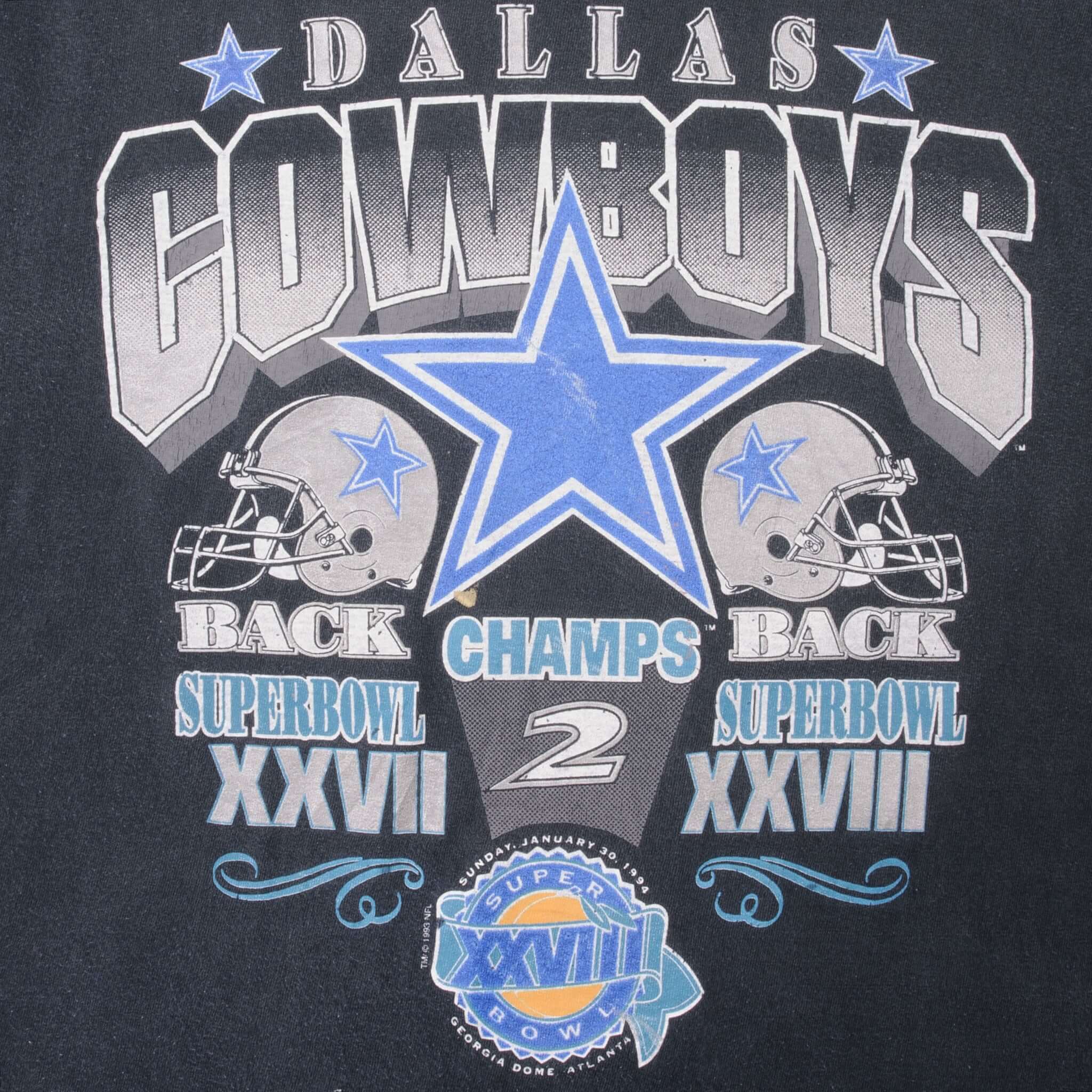 Vintage NFL Dallas Cowboys Back 2 Back Superbowl Champs 1994 Tee Shirt XL Made In Usa With Single Stitch Sleeves