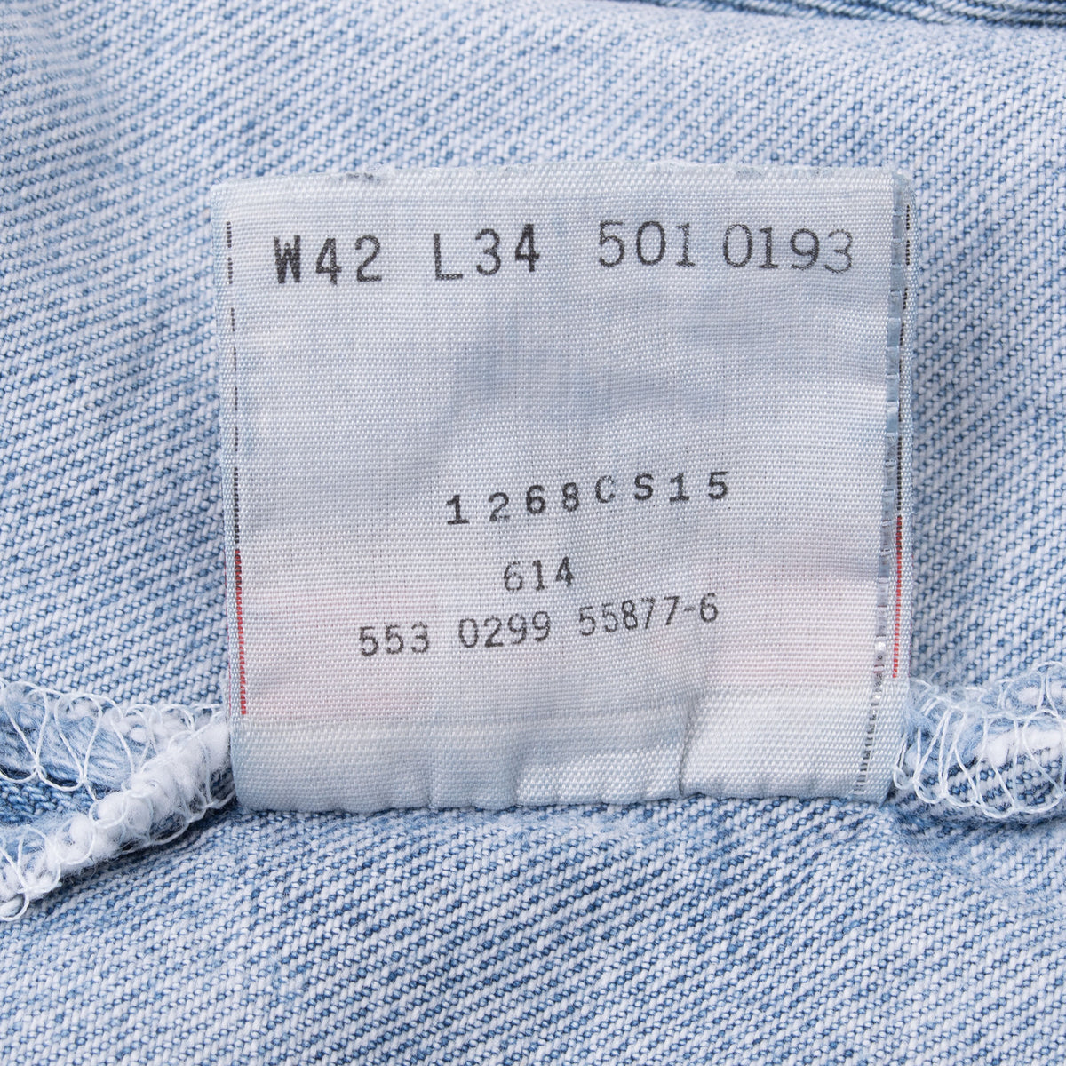 Interior Levi's 501 tag marked W42 L34 with production codes