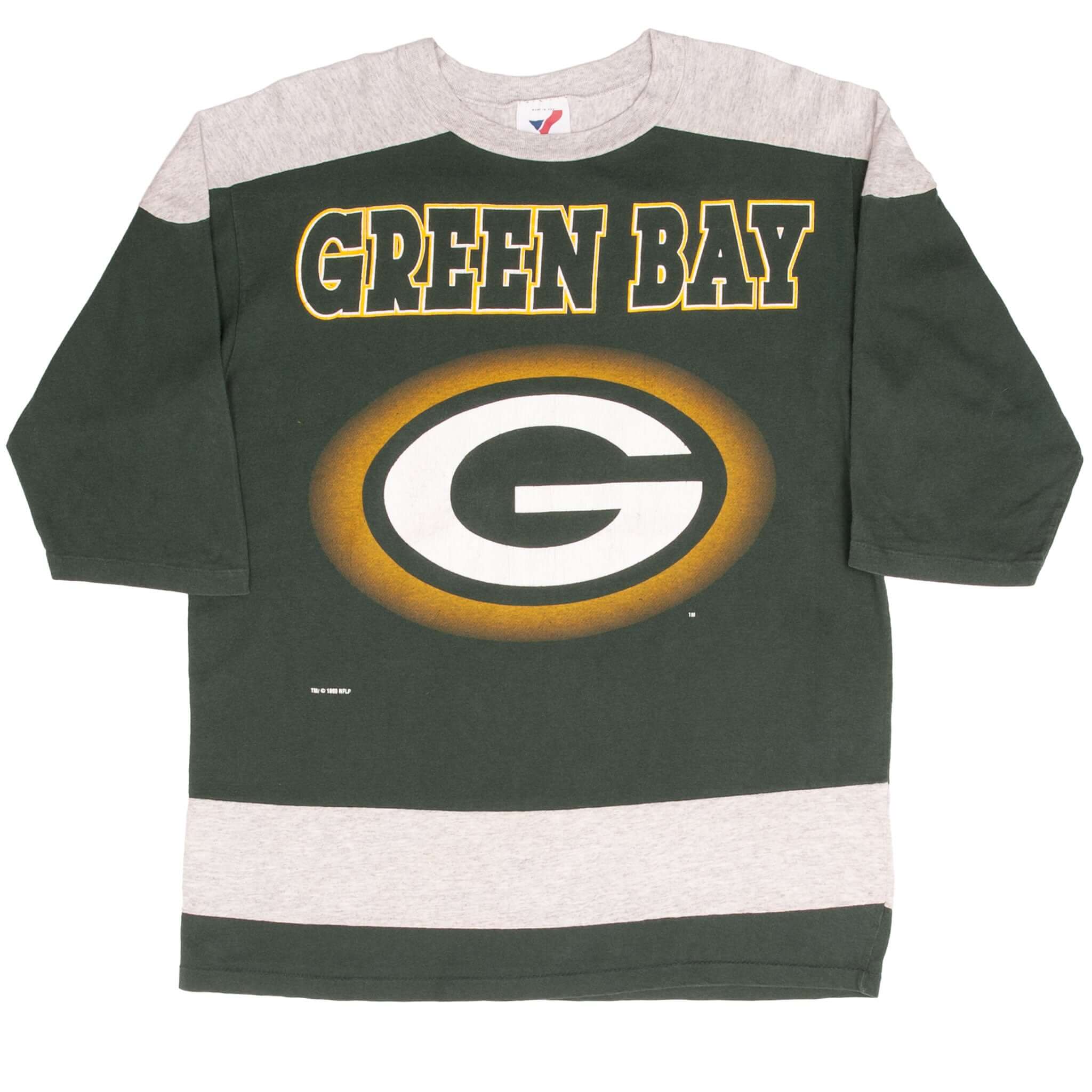 Full front view of Green Bay Packers half-sleeve T-shirt with gray shoulder and hem panels