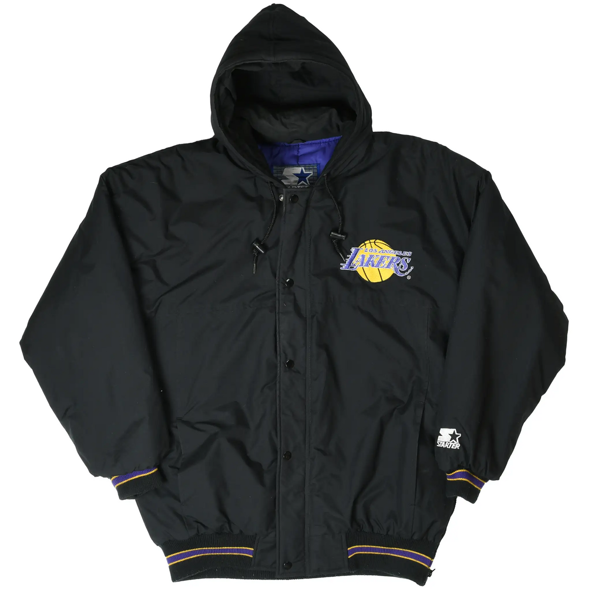 Front of black Los Angeles Lakers Starter hooded jacket with snap and zip closure