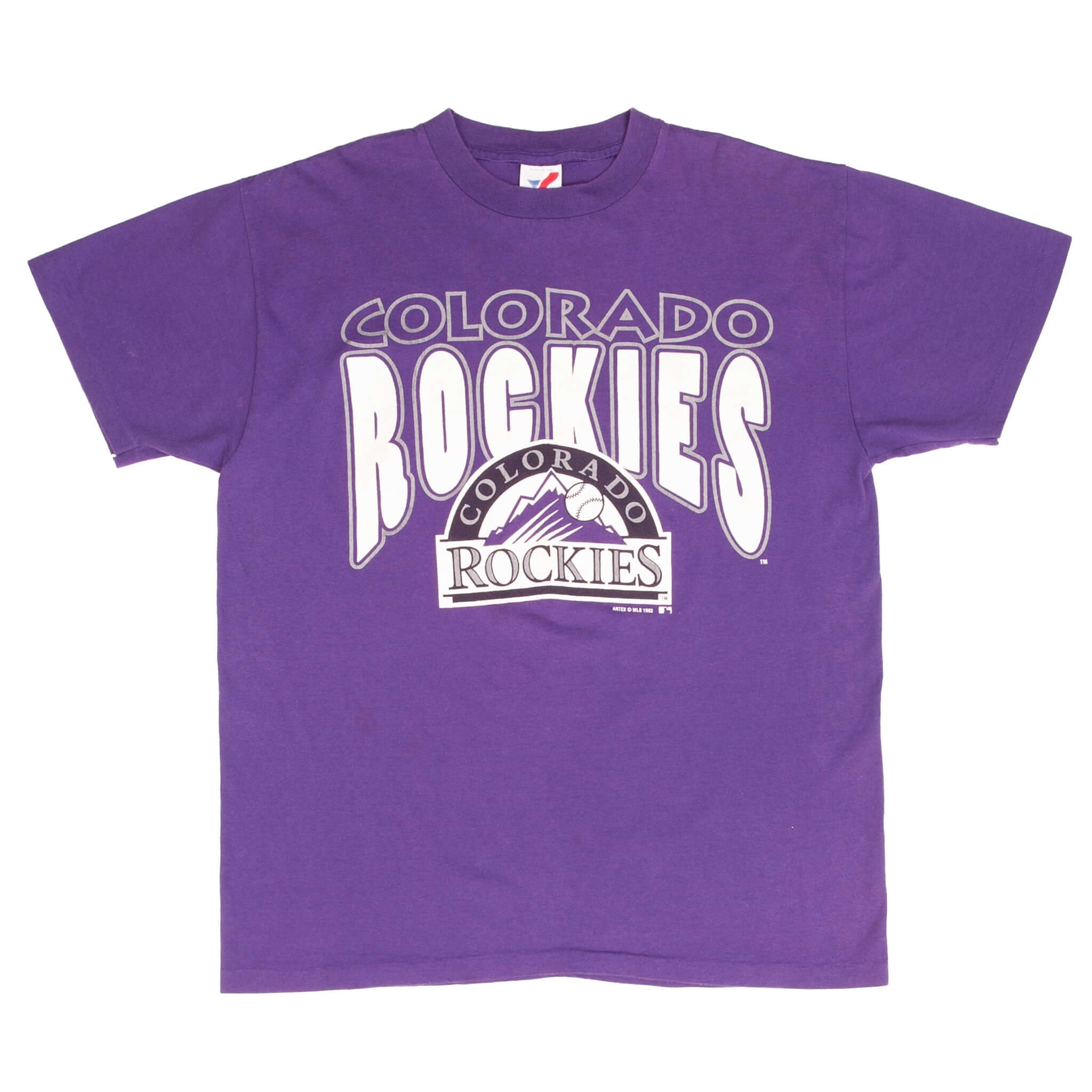 Full front view of purple Colorado Rockies T-shirt with team logo graphic